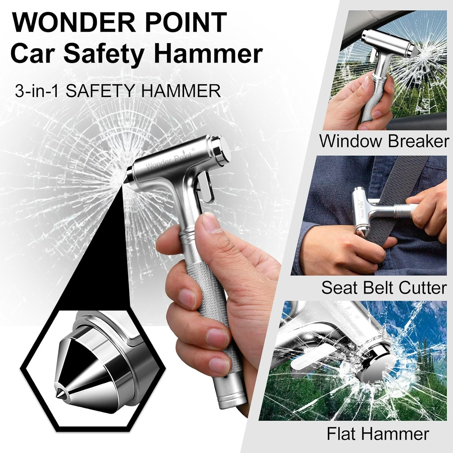 Car Safety Hammer - Emergecy Car Escape Tool, Metal Window Hammer, Glass Breaker with Seat Belt Cutter, Hard Aluminium Alloy Head Design
