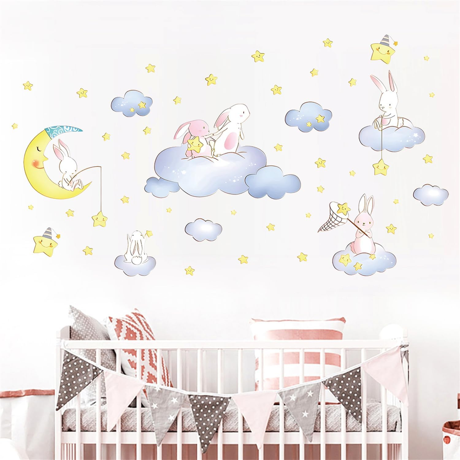 Cartoon Cute Rabbit Wall Decal the Moon and Stars Cloud Bunny Wall Stickers Nursery for Bedroom Girls Decor - K image number 3