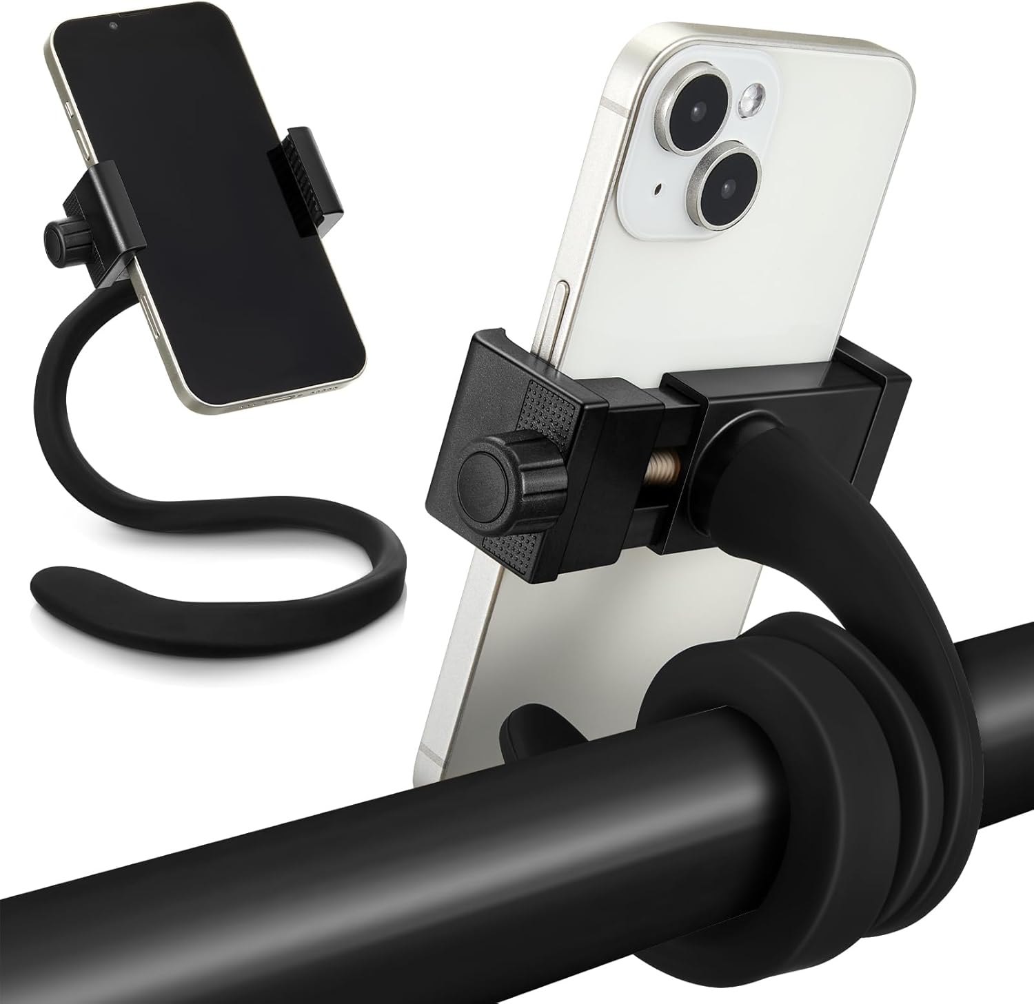 Amylove 2 Pcs Stroller Phone Holder Portable Cell Phone Holder Stand Universal Stroller Accessories for Parent Baby Toddler Cellphone Clamp with Non Slip Silicone Arm Grip(Black,Novel)