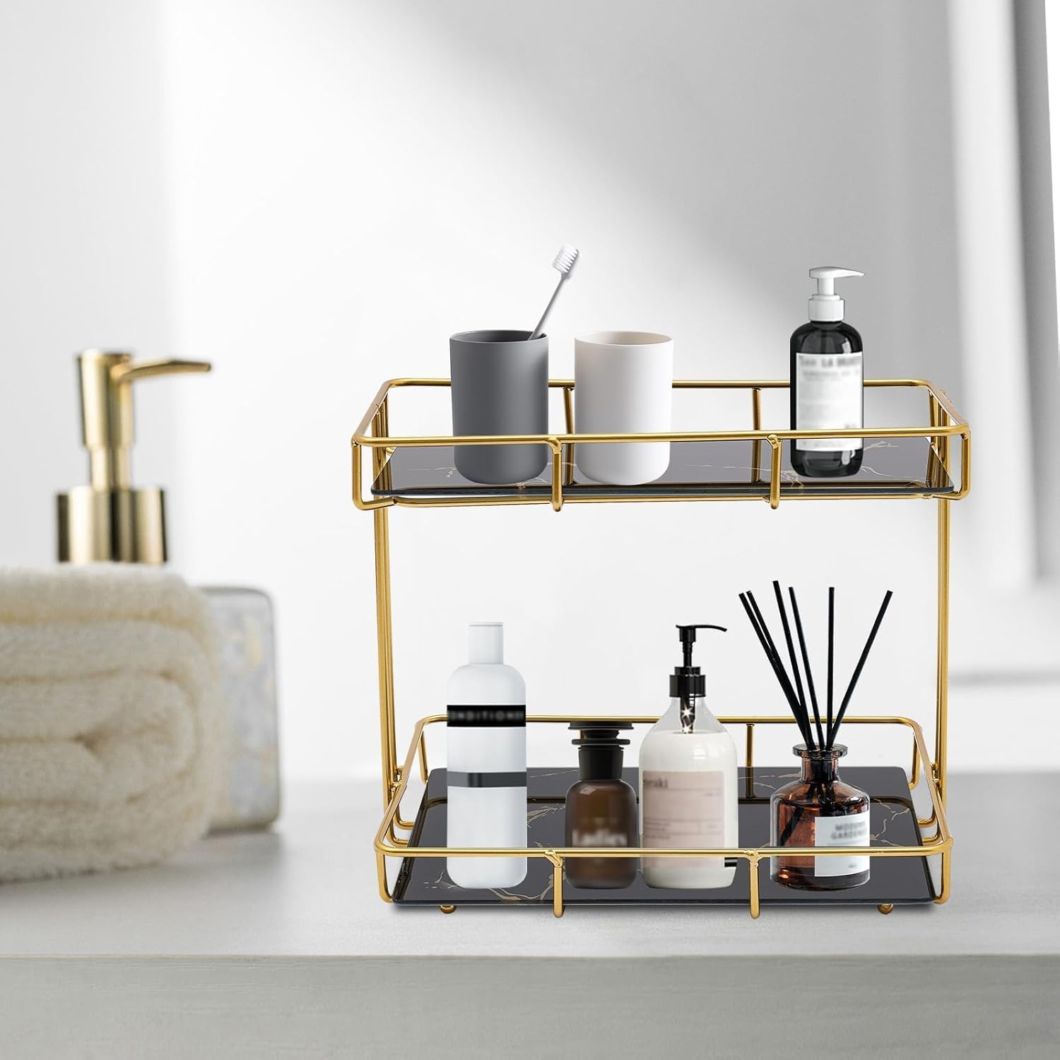 Bathroom Organizer Countertop Perfume Organizer, Makeup Organizer Cosmetics Storage Display Rack Vanity Tray, Dresser Stainless Steel Gold Shelf Marble Ceramic Tray (Black) image number 5