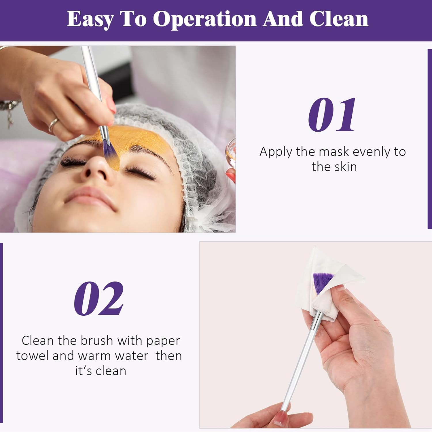 Maitys 6 Pieces Fan Mask Brushes Soft Fan Facial Mask Applicator Tools Brush Makeup Brushes Cosmetic Tools with Handle for Makeup Women(Purple Hair) image number 1