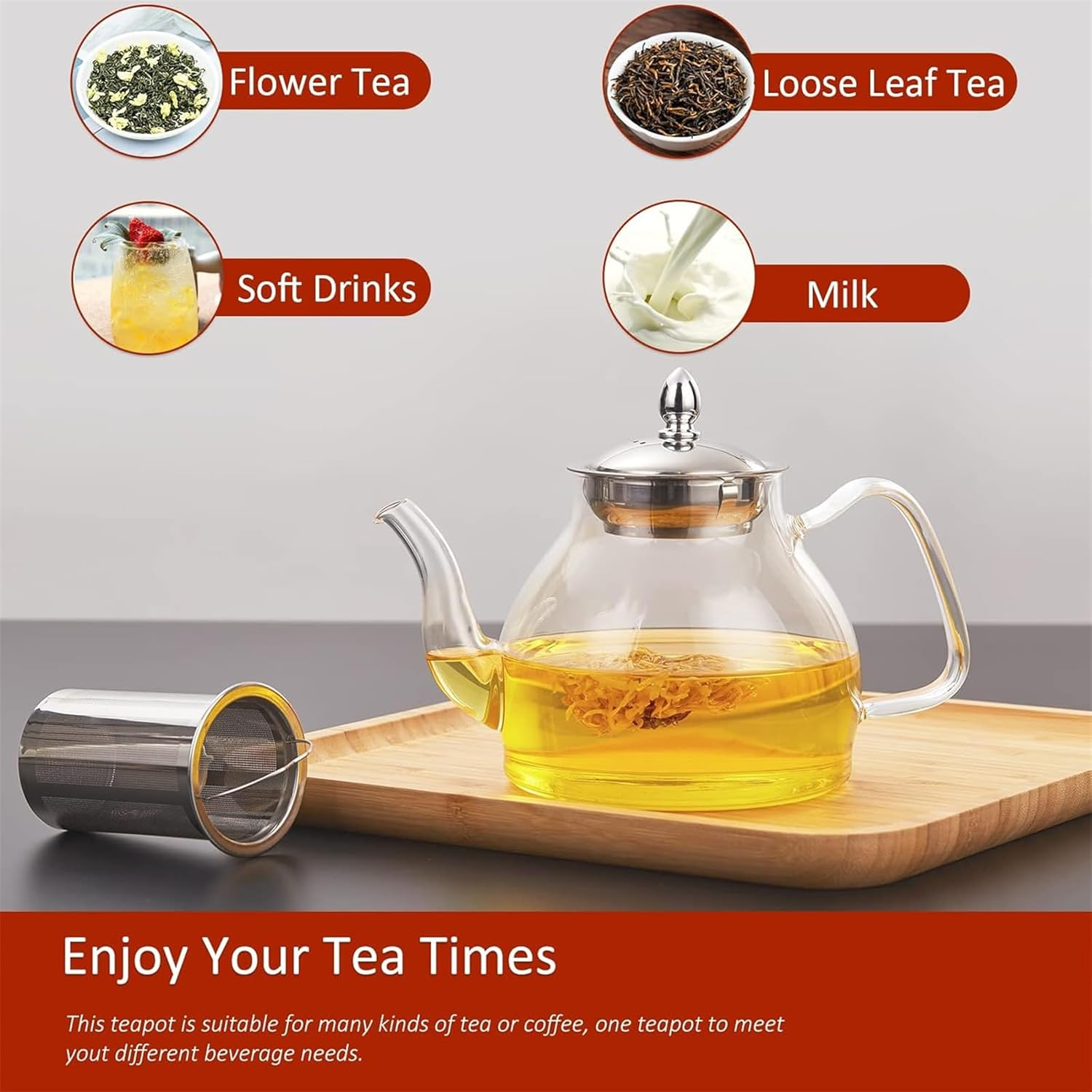 1200Ml Glass Teapot, 40Oz Stovetop Safe Tea Steeper Glass Kettle with Removable Stainless Steel Infuser for Blooming Tea & Loose Leaf Tea image number 4