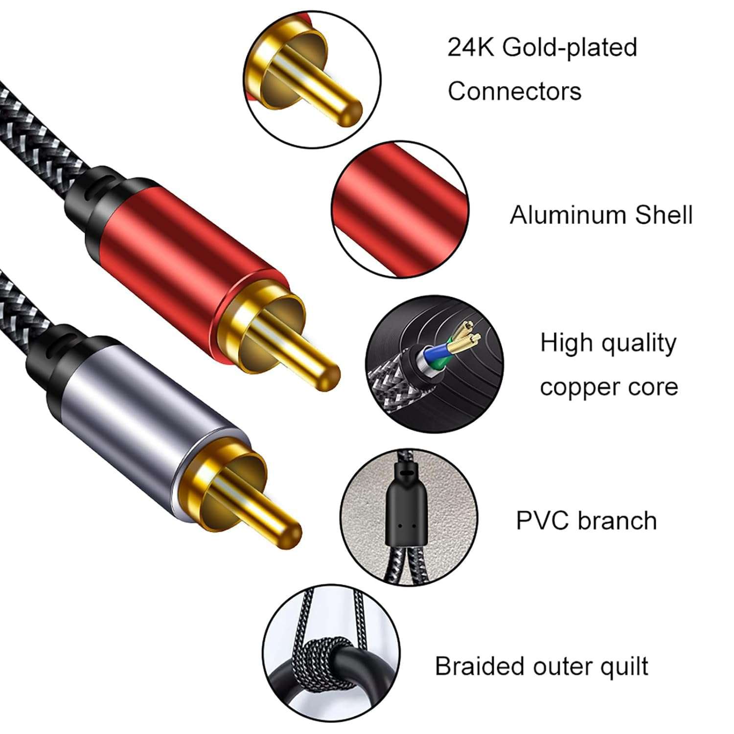 RCA Cable Braided 6M: Hi-Fi Sound Double Layer Shielded Zinc Alloy Case Male 2Rca Stereo Audio Cord for Home Theater, HDTV, Amplifiers, Hi-Fi Systems, Car Audio, Speakers (6M) image number 5