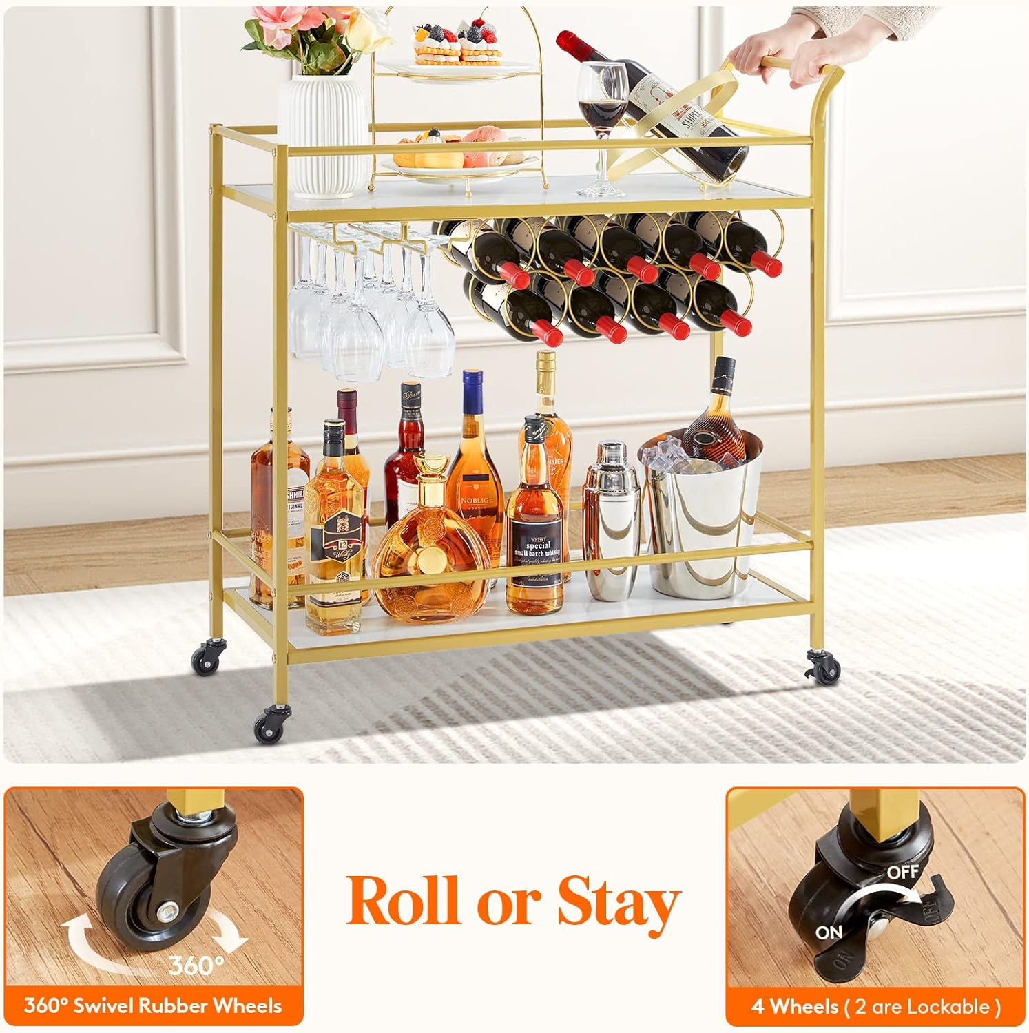 Lifewit Drinks Trolley on Wheels, 2 Tier Bar Cart with 9 Wine Bottle Racks, Serving Cart for Kitchen Dining Living Room Outdoor, 80 X 33.2 X 87.8 Cm, Gold