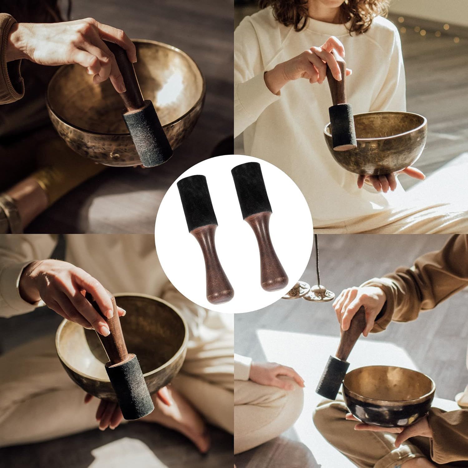 2 Pack Tibetan Singing Bowl Mallet Suede Wooden Striker Leather Wrapped Meditation Mallet Sound Bowl Stick Buddha Musical Instruments for Buddhist Meditation Yoga Chime Relaxation image number 1