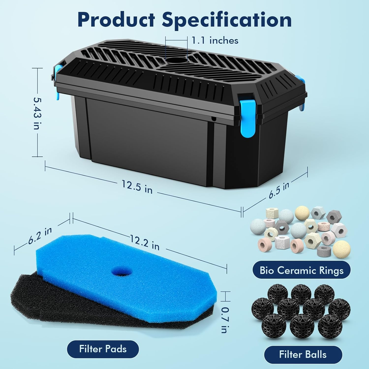 POPOSOAP Pond Filter for Outdoor Ponds, Filter Box with 2 Filter Pads and 20 Bio-Balls for Outdoor Pond Pump Submersible Fountain Pump image number 3