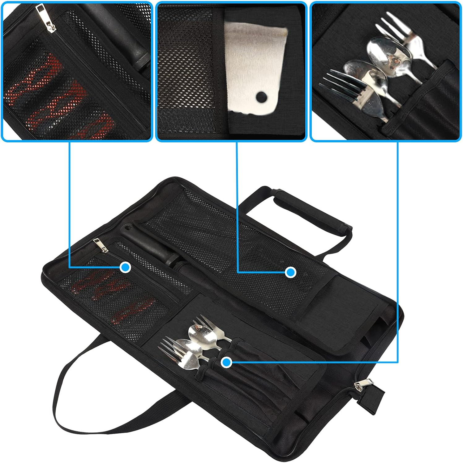 Chef Knife Roll Bag, Heavy Duty Waxed Canvas Chef Knife Bag, Portable 13 Slots Chef Knife Case, Multi-Function Cutlery Knives Pouch Holder Knife Wrap Wallet Tool Roll (Knives Not Included) image number 6