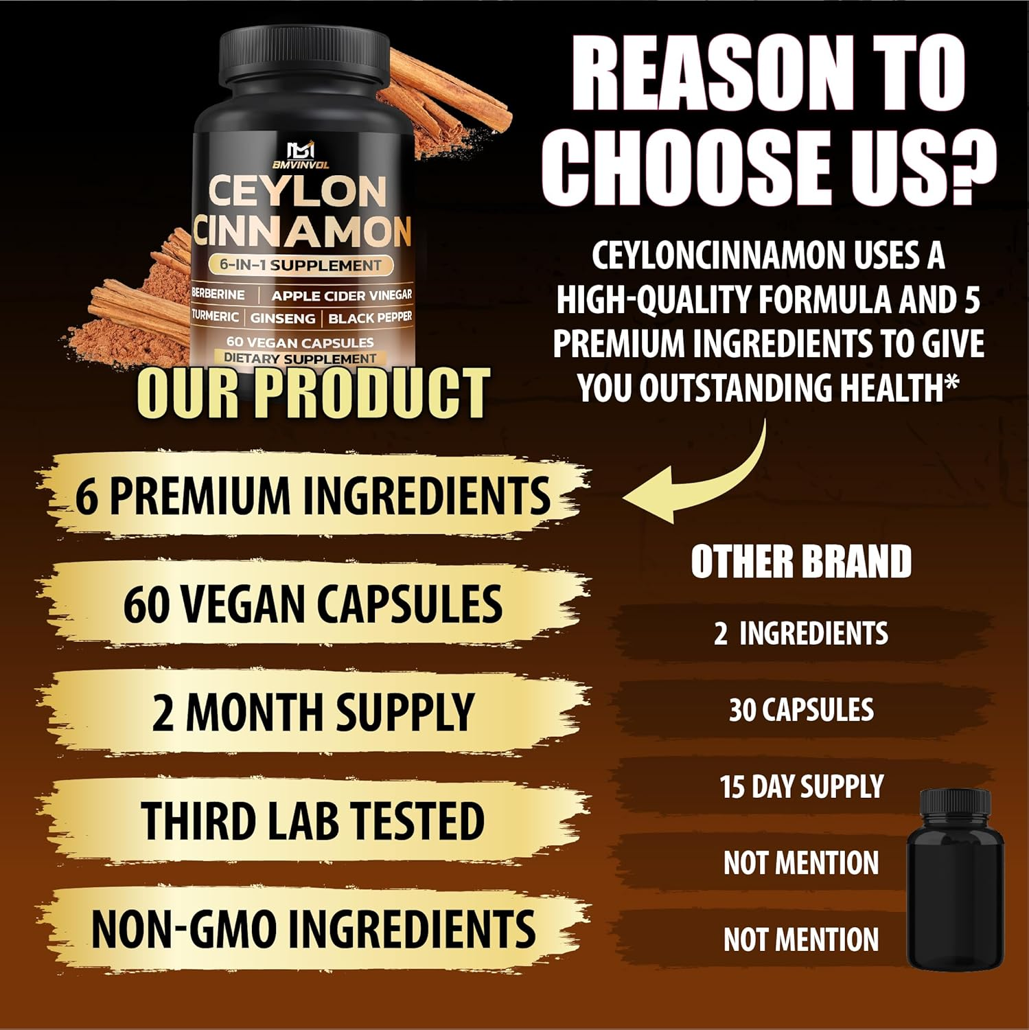 Ceylon Cinnamon Capsules with Berberine Hcl Supplement - Panax Ginseng, Apple Cider Vinegar, Turmeric Curcumin - Support Immunity & Energy Production - 60 Capsules [2 Month Supply] image number 3