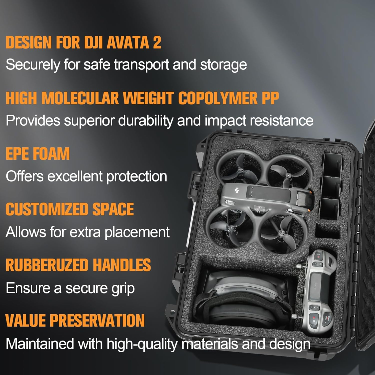 Case for DJI Avata 2 Drone Combo - Hard Case with Foam for DJI Avatar 2 Fly More Combo/Goggles 3/RC Motion 3/FPV Remote Controller, Waterpoof Carrying Case Fits for DJI Avata 2 Accessories (Only Case) image number 3