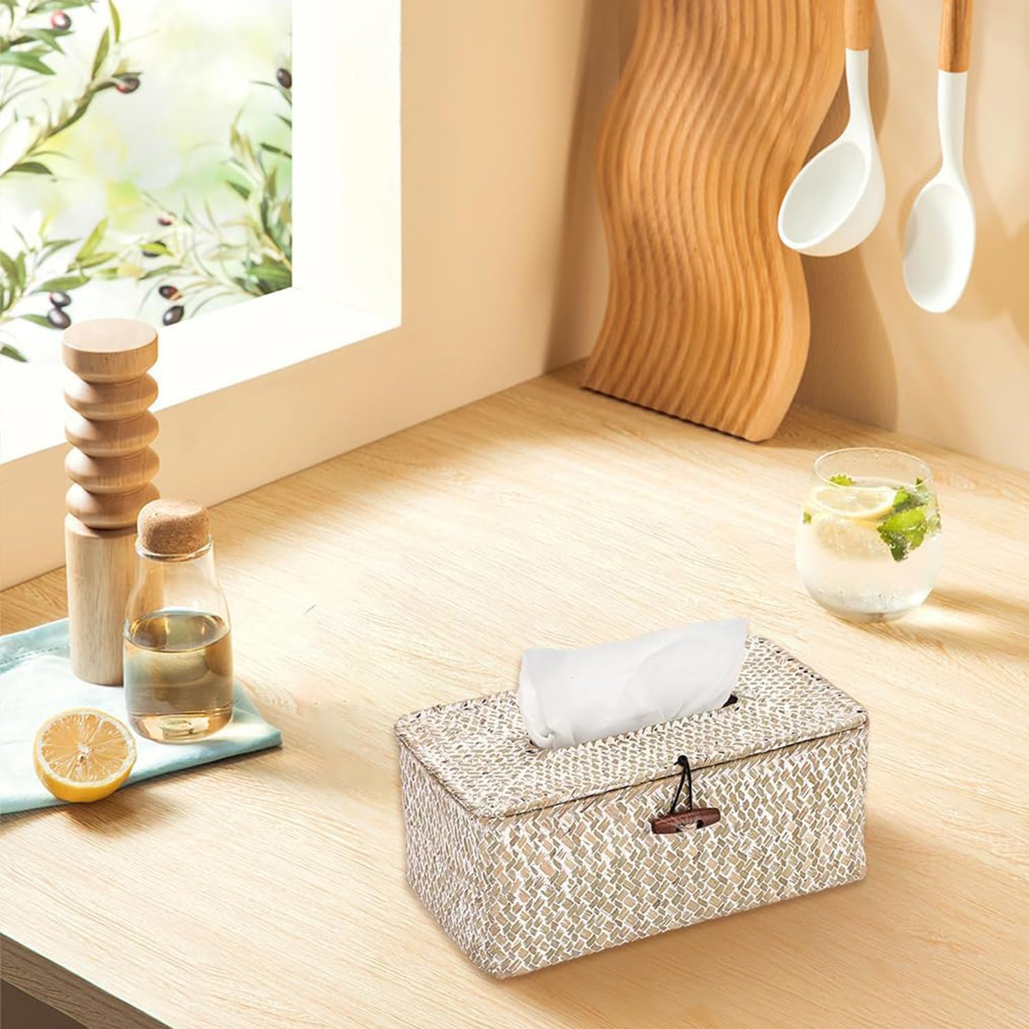 Vintage White Rectangular Seagrass Tissue Box Cover, Country Rustic Style image number 3