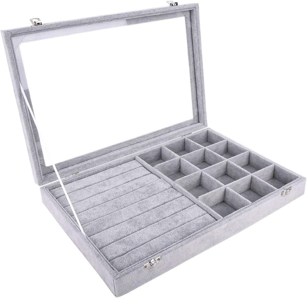 AUTOARK Ice Velvet Clear Lid 12 Grid Jewelry and 7 Slots Jewelry Rings Earrings Tray Showcase Display Organizer,Aj-026