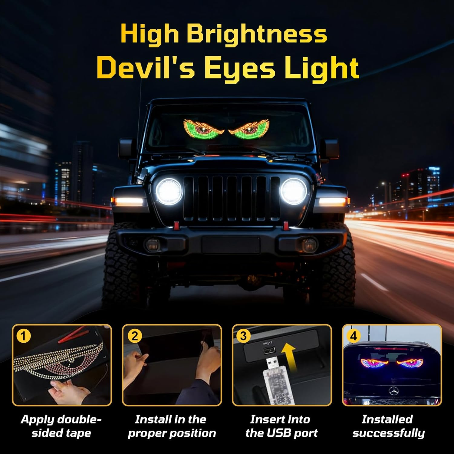 2PCS LED Devil Eyes Light for Car Truck SUV Windshield, 23.6"X4.73" Dynamic Flicker Vehicle Front Rear Window Display, USB Powered, Cool Car Decoration, Universal Fit (White) - Green image number 3
