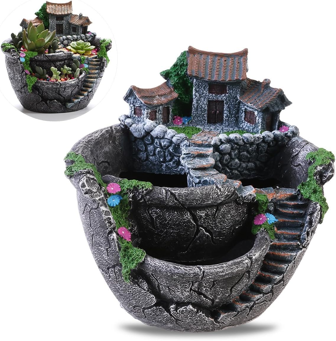 Planter Flower Plant Pots Fairy Garden Pot with Sweet House Resin Miniature Creative Succulent Plants Pot Mini Garden Decoration Bonsai Decor Accessories image number 1