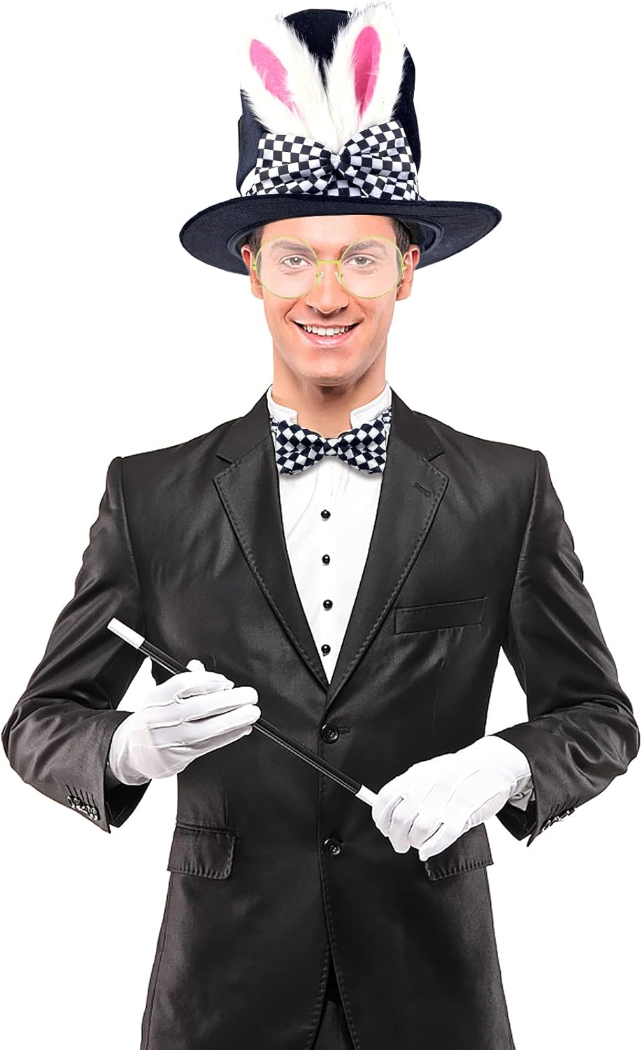 White Rabbit Costume Set Mad Hatter Costume Bunny Ear Top Hat Glasses Bow Tie Gloves for Easter Halloween Costume Accessories (4 Pieces, Multicolor) image number 1