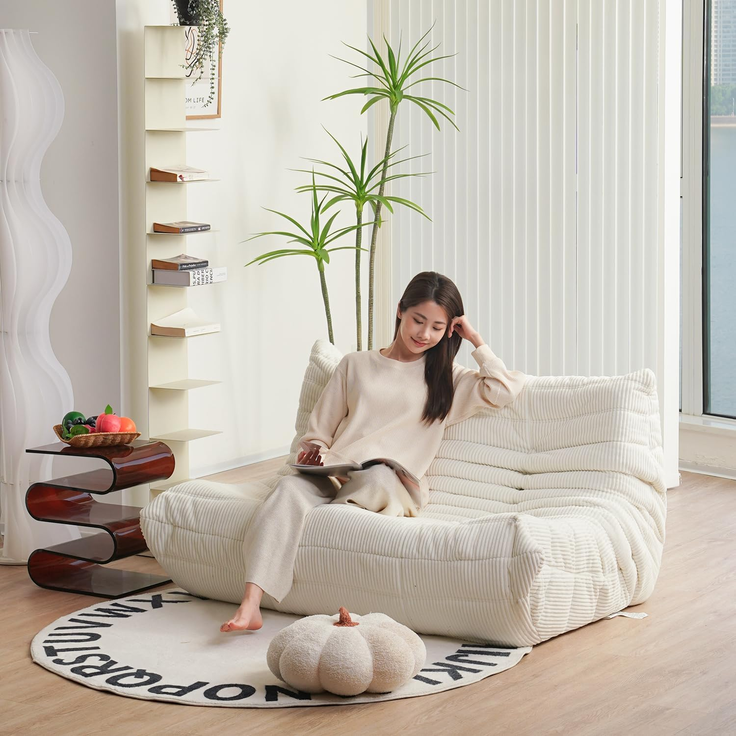 N&V Fireside Loveseat, Mid Century Armless Twin Size Floor Sofa, Soft Premium Corduroy Floor Lounge Chair, Foam Sofa Accent Chair for Living Room Bedroom and Office, Lime - Brown Sugar image number 3