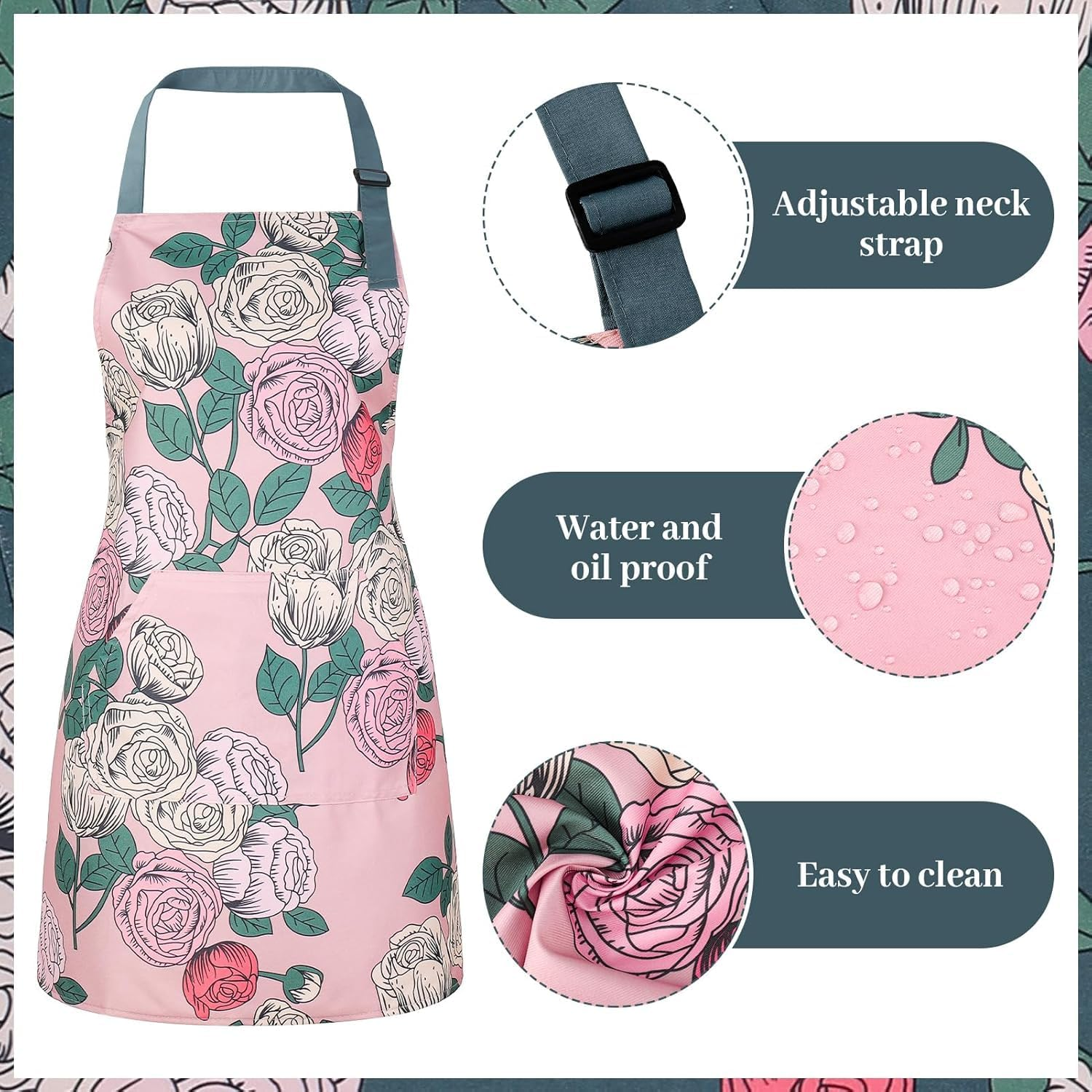 3 Pack Floral Aprons for Women with Pockets, Women Aprons Waterproof Adjustable Cooking Aprons for Kitchen, Gardening, Baking, Salon image number 5