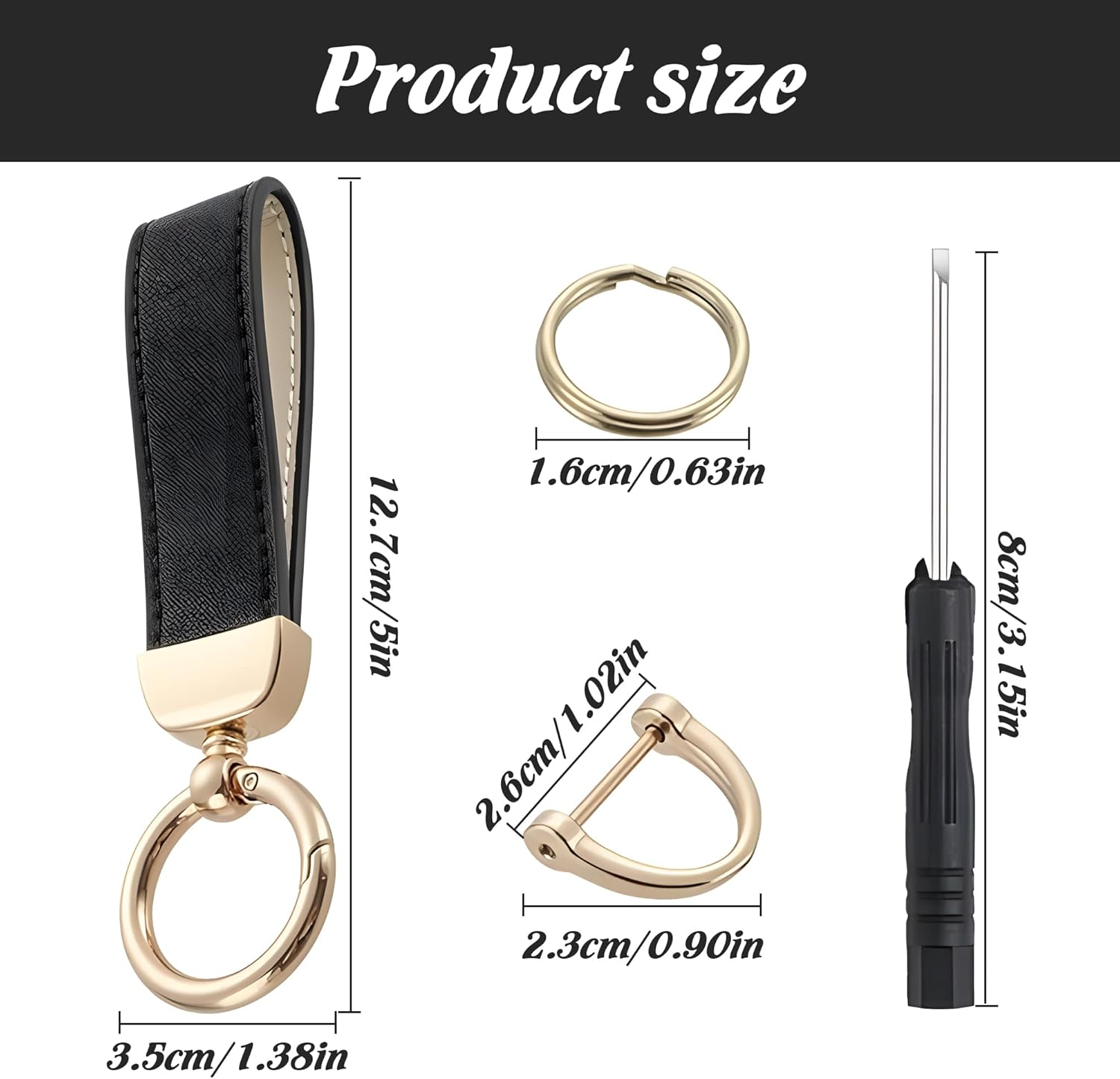 Premium Leather Keychain with Key Ring, Universal Car Key Holder for Men & Women, Genuine Leather Wristlet Key Fob Chain with Anti-Lost D-Ring, 4 Key Rings & 2 Mini Screwdriver image number 3