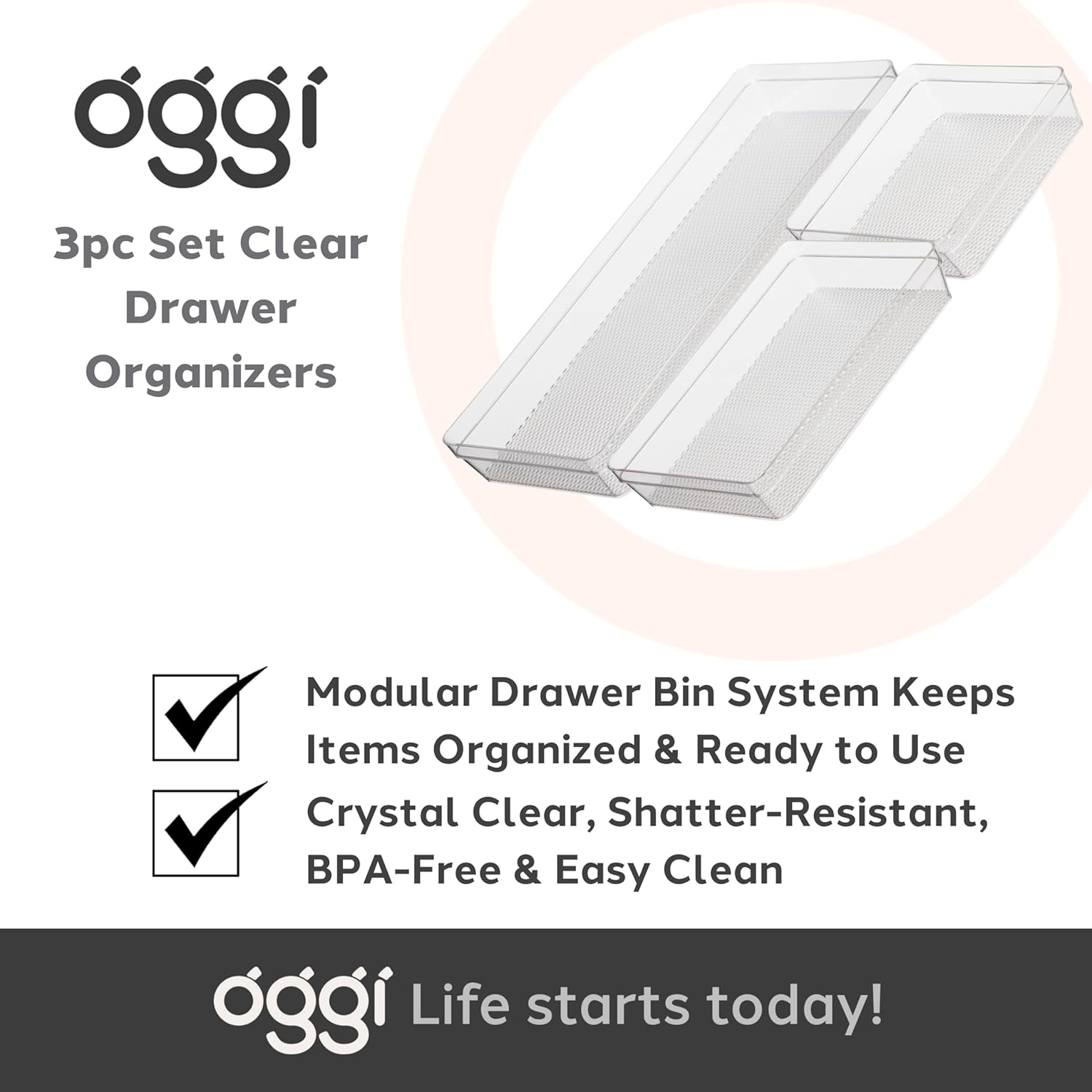 Oggi Set of 3 Clear Drawer Organizers - (1) 6X6.25, (1) 6.25X9.25, (1) 6.25X15.75 - Ideal for Organizing Kitchen Drawers, Office, Desk, Silverware, Kitchen Utensils, Cosmetics and Bathrooms image number 6