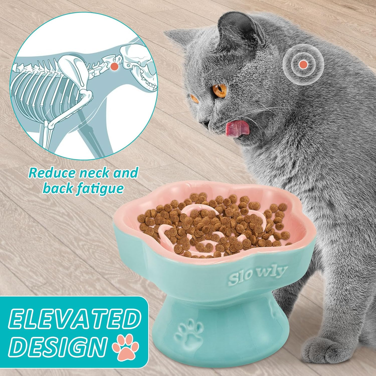 UKQRRTC Raised Cat Slow Feeder Bowl, Ceramic Elevated Cat Food Bowl, Safe Shallow Wide Tilted Cat Dog Eating Bowl, Dog Food Bowl for Cats Dogs Dry and Wet Food image number 3