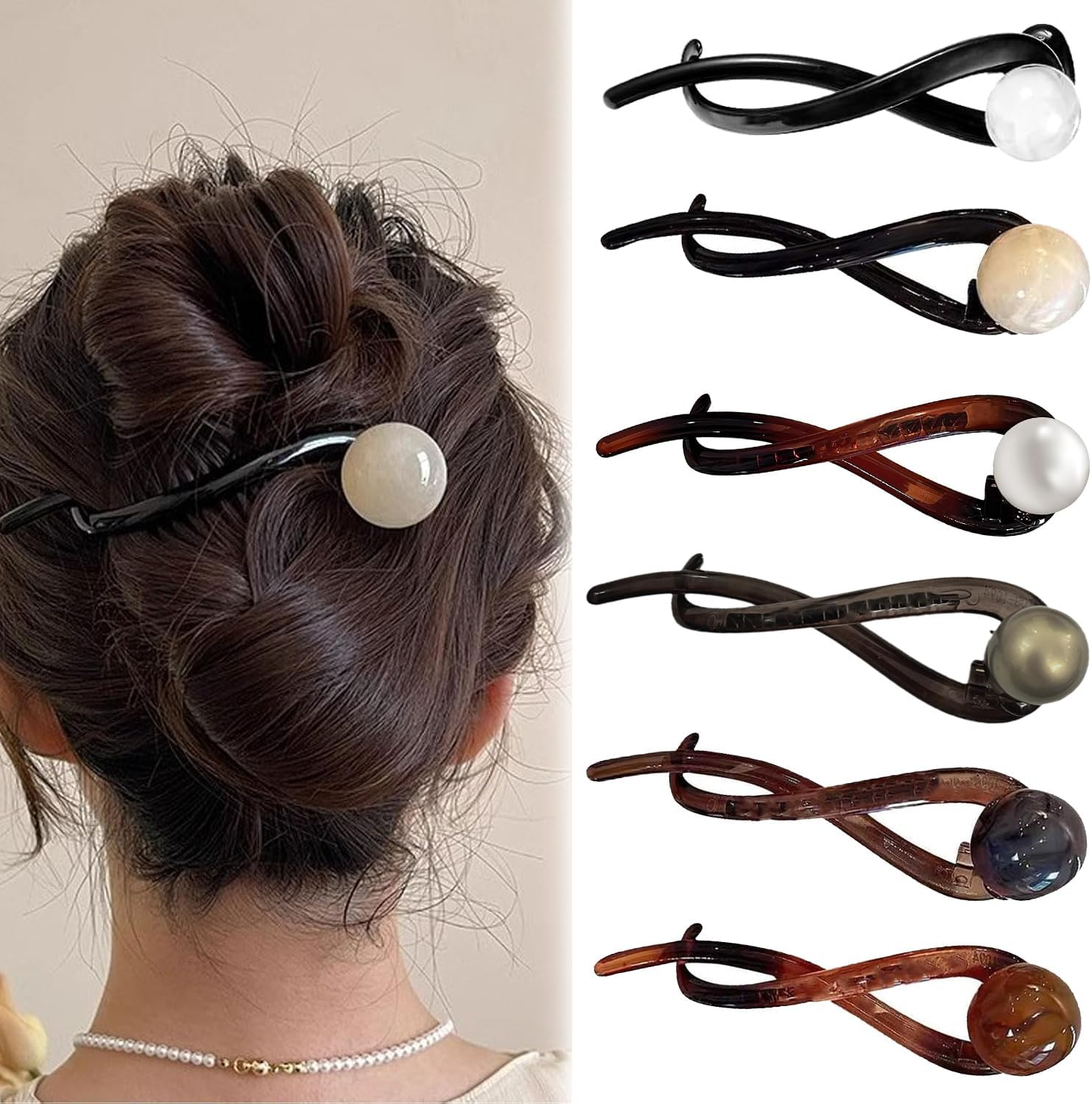 6 Pcs Pearl French Twist Hair Pins, Banana French Pearl Hair Clips, Elegant French Pearl Hair Claw Clips for Women Girls Hair Accessories image number 6