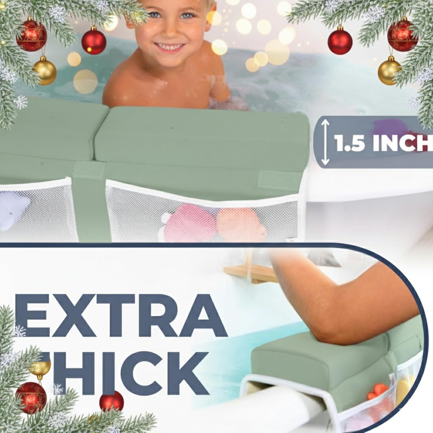 Comfortable Baby Bath Kneeler and Elbow Rest Pad Set &ndash; Thick Memory Foam Bath Kneeling Pad with Elbow Support &ndash; Baby Bathtub Cushion with Toy Organizer for Bathing Infant or Toddler - Green