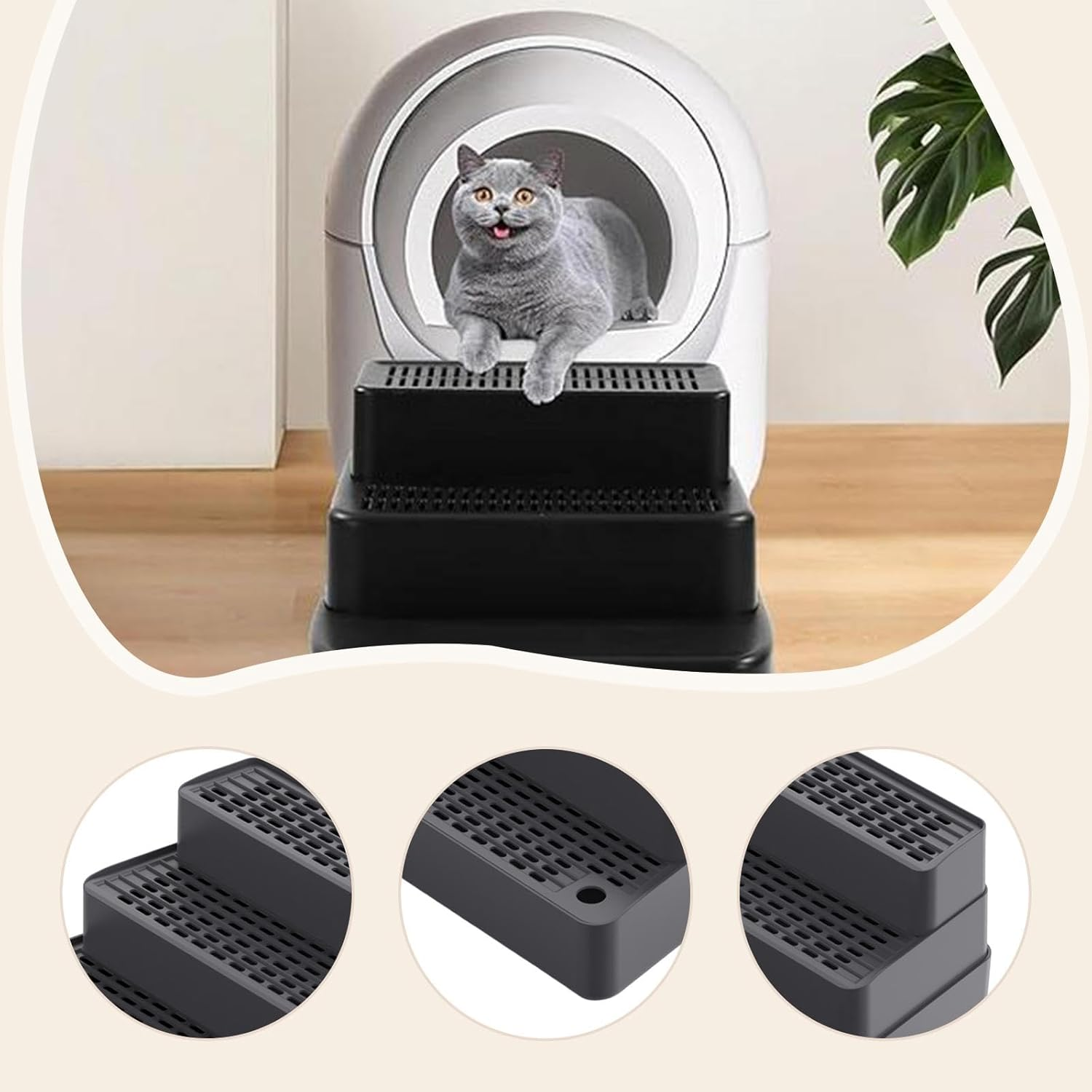 Generic Automatic Cat Litter Ramp, 3-Step Mat, Easy-To-, Washable, Removable Cat Litter Step Footboard, Dark Gray - Black image number 3