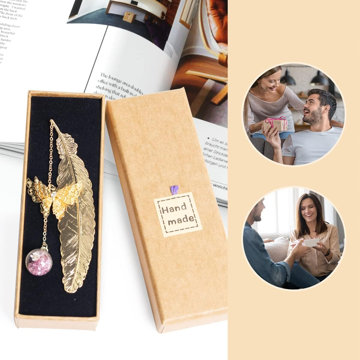 Metal Feather Bookmark with 3D Butterfly and Glass Bead Pendant, Exquisite Bookmark Book Marker for Book Lover, Teachers, Friends, Grandma, Woman and Kids (Silver Feather Pink Ball White F) - Golden Feather Bell image number 7