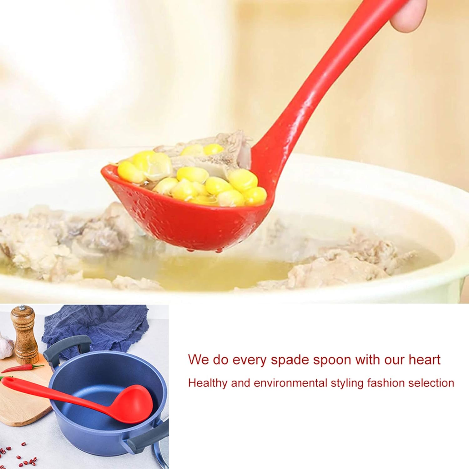 Silicone Ladle Soup Spoon Set of 2, Nonstick Heat Resistant Long Handle Unbreakable Big round Scoop for Home Kitchen Cooking,Red and Black