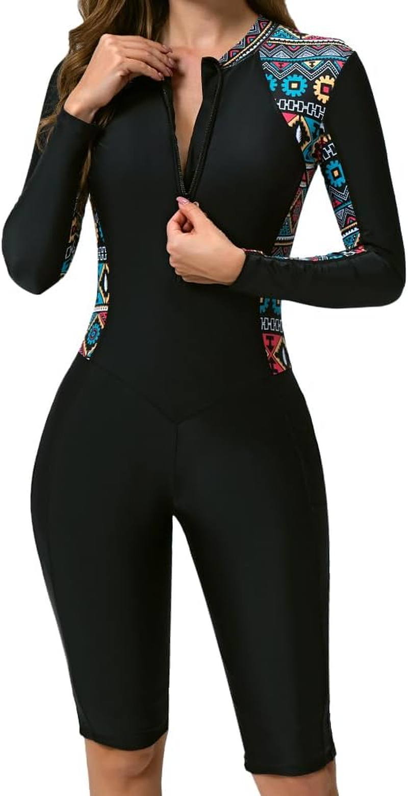 Autowt Women'S One Piece Rash Guard Swimsuit, UPF 50+ Zip up Long Sleeve Boyleg Bathing Suit with Built in Bra, Summer Quick Dry Swimwear for Swimming Surfing Diving image number 4