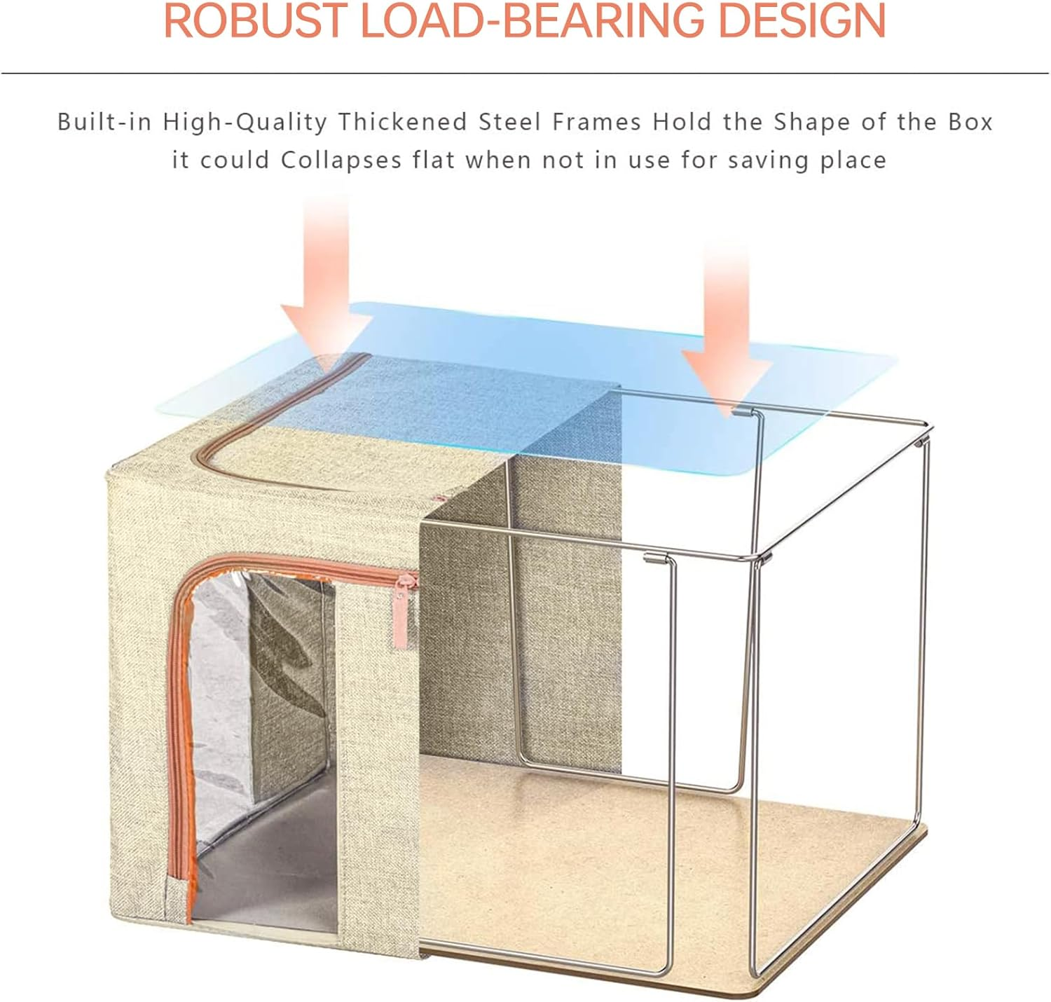 2 Pack Clothes Storage Box with Zipper, 66L Foldable Linen Container with Handles Large Capacity Storage Organizer (Beige 66L) image number 2