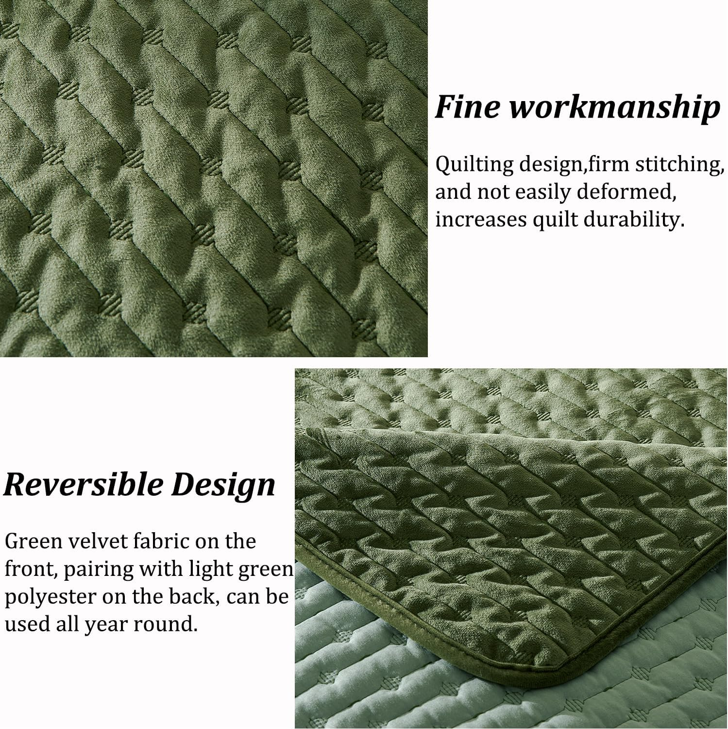 Cmfshape Luxury Velvet Quilt Set King Size,Reversible Quilted Lightweight Velvet Comforter,Ultra Soft Bedspread Coverlet Bedding Set for All Season with 2 Pillow Shams Green(106"X96") image number 4