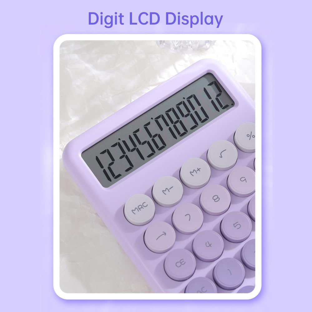 Desktop Calculator 12 Digit Large LCD Display Big round Button Cute Gradient Colored Calculator Suitable for Office School Home for Students Accountant Purple image number 5