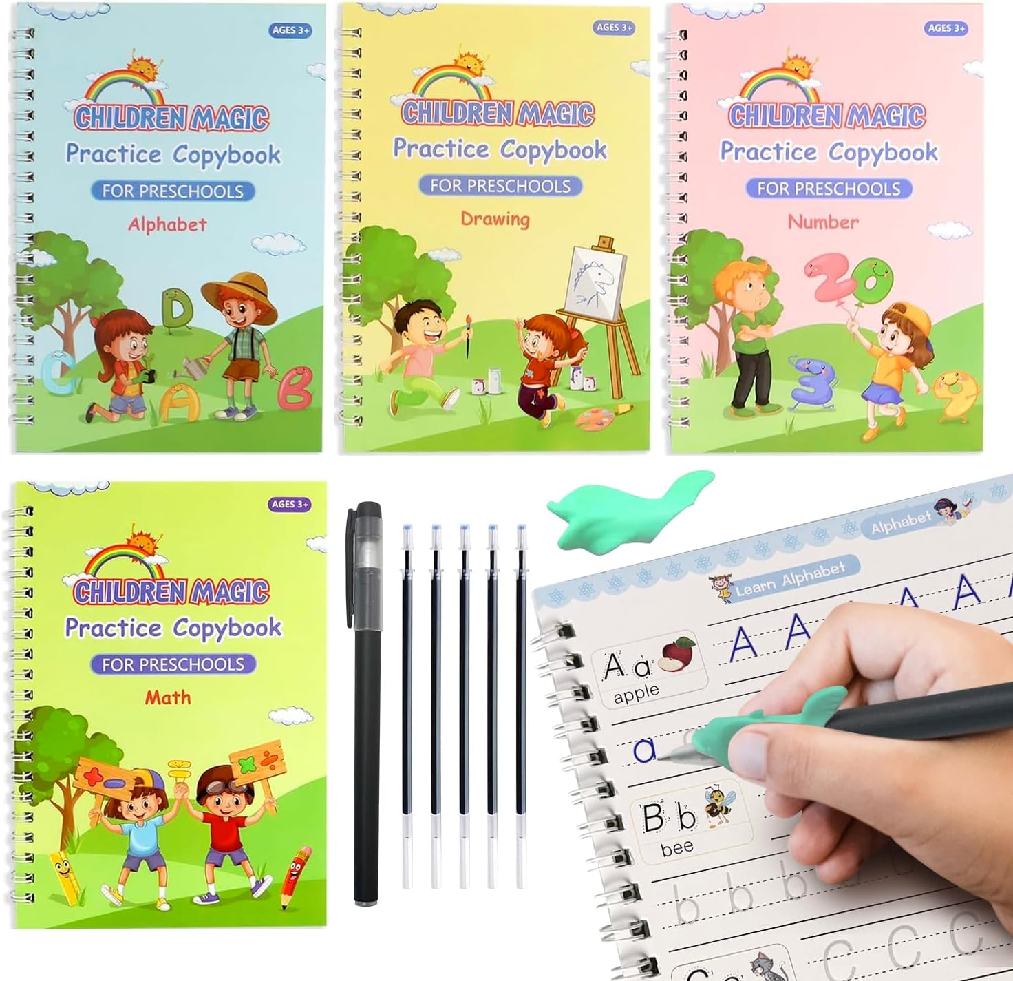 Chamgeco 4-Pack Reusable Magic Ink Practice Copybooks, Grooved Handwriting Workbook Caligraphy Beginners Set with Pen Refill, Preschool Number Letter Tracing Writing Book for Kids Ages 3-6 image number 5