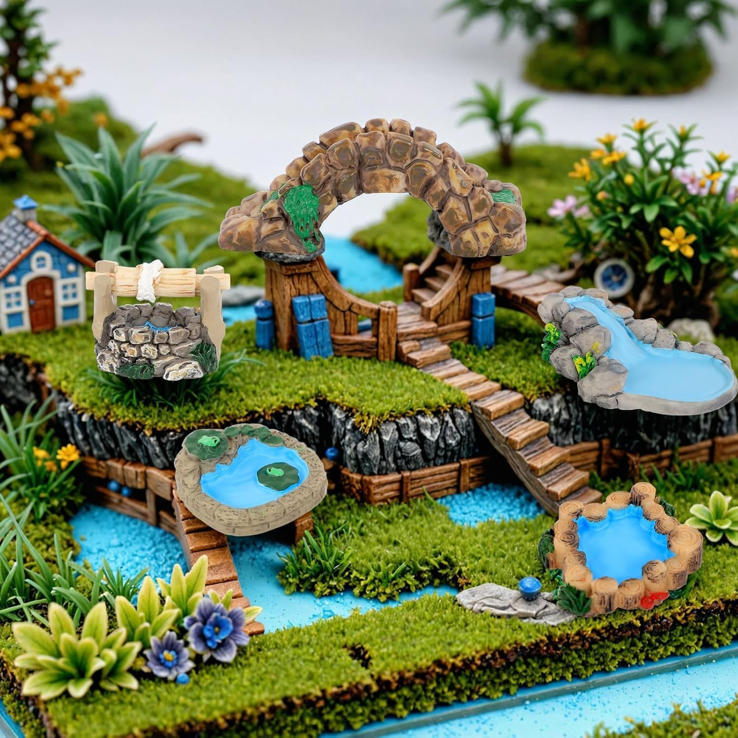 Miniature Bridge Figurines Pond Lawn Garden Ornament Figurines, 12Pcs Mini Lighthouse Water Well Bridge,Miniature Pond Lawn Garden Ornament Figurine, Garden Miniatures Mridge Ornaments image number 3