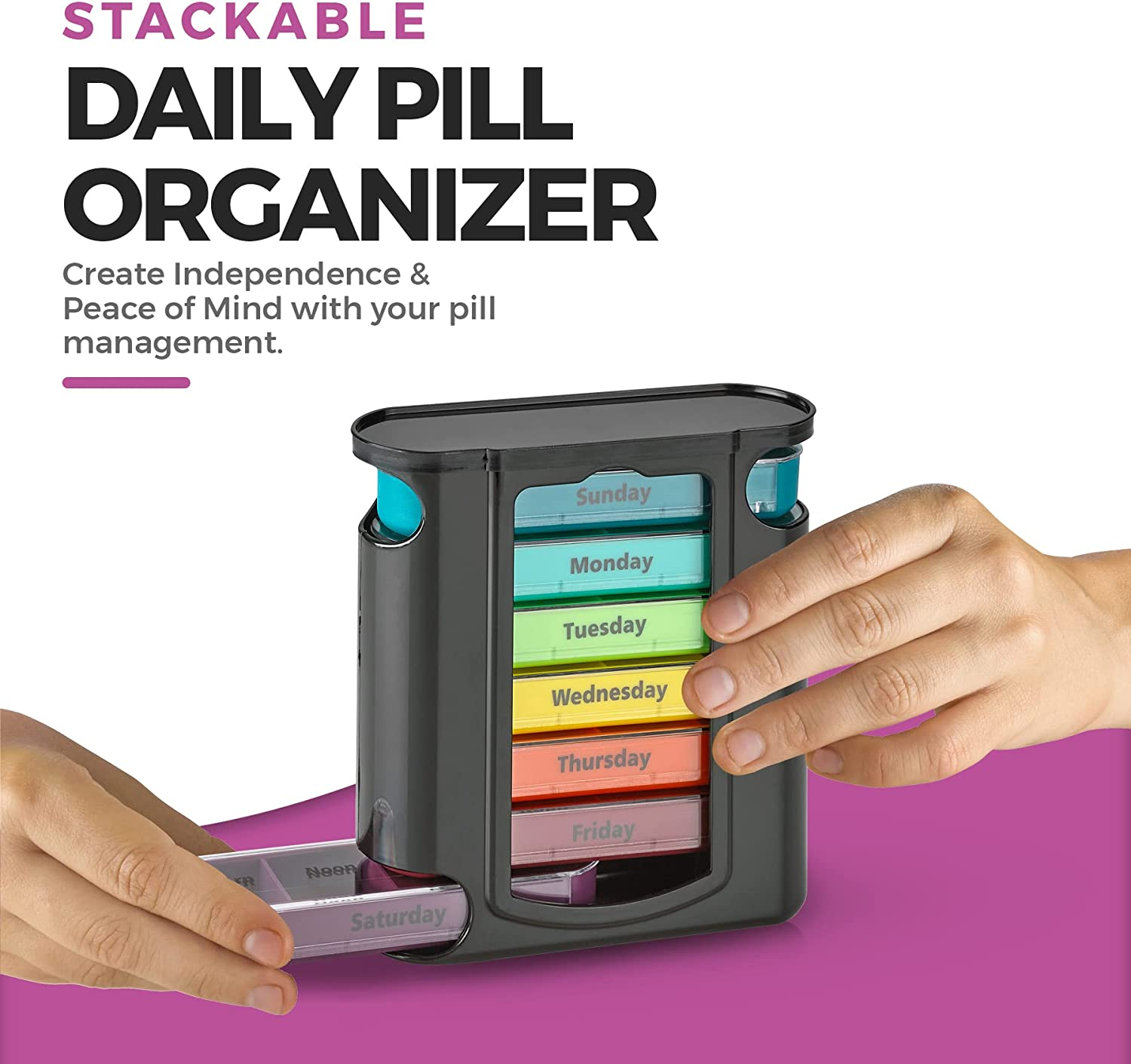 Stackable Daily Pill Organizer - (4 Times a Day) Weekly Medication Reminder - Premium Weekly AM/PM Pill Box with 7 Individual Stacking Cases, a Everyday Medicine Organizer for Vitamins