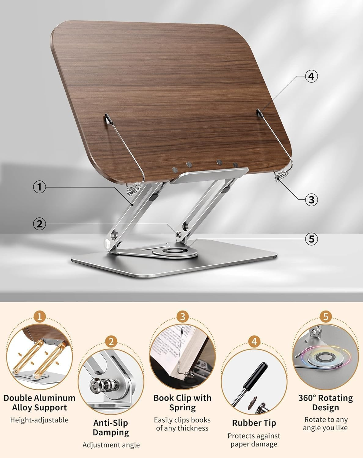 Desktop Book Stand for Reading Adjustable Book Holder with 360&deg; Rotating Base & Page Clips, Foldable Desktop Ricer for Cookbook,Sheet Music,Laptop,Recipe,Textbook,Hands Free,Aluminium image number 5