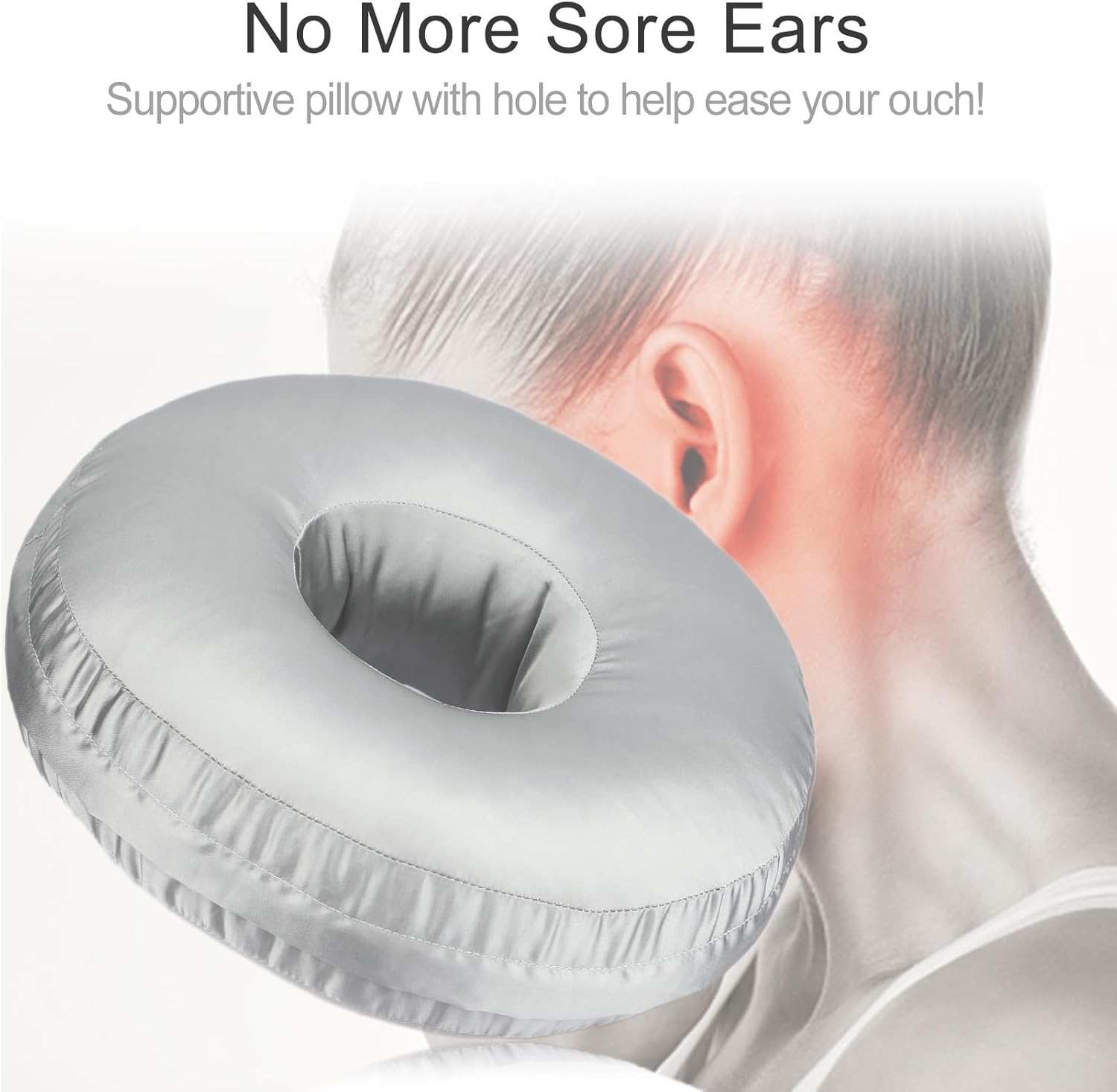 Silky Ear Piercing Pillow with Removable Cover Ear Hole Donut Pillows for Side Sleepers Ear Pain Relief Sleeping CNH Pressure Sore Ear Guard Satin Silver Gray image number 3