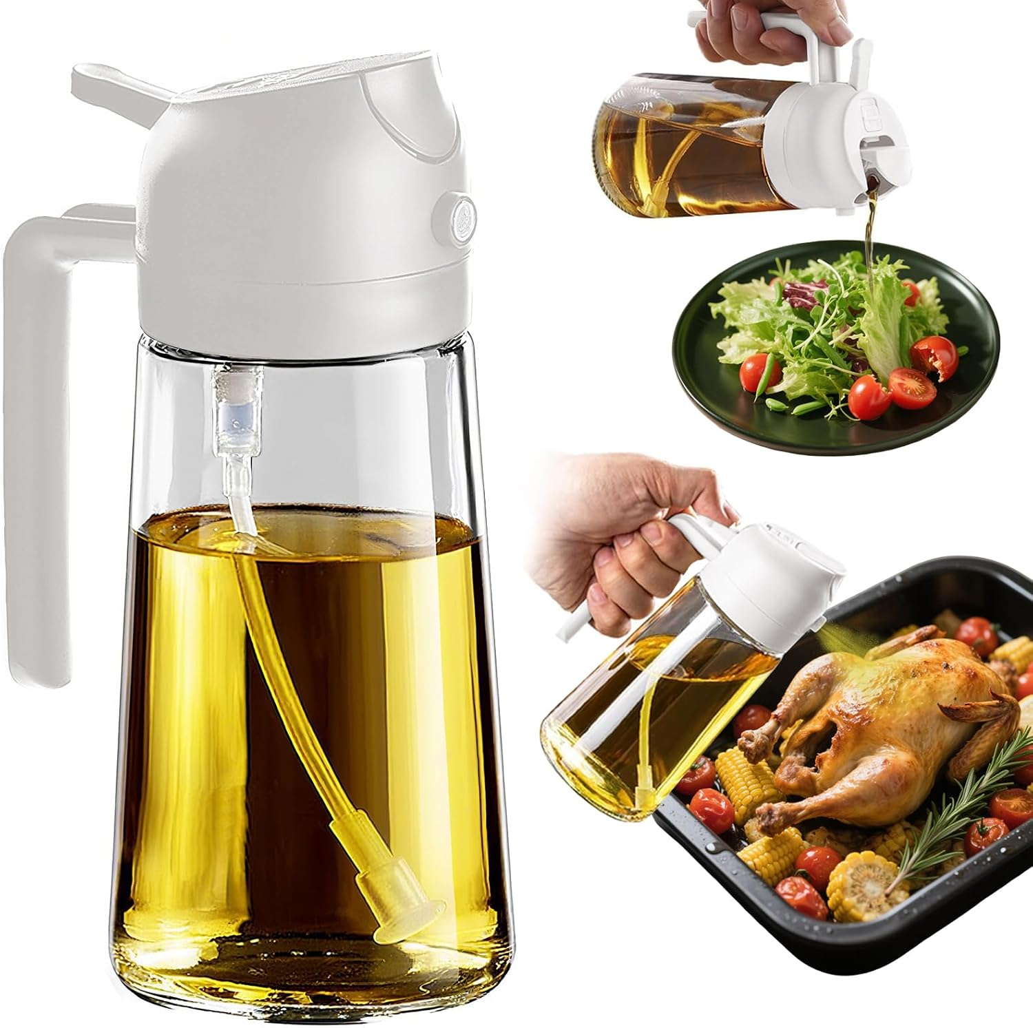 Vivva 16Oz/470Ml Olive Oil Dispenser - 2 in 1 Olive Oil Spray Bottle for Cooking Oil Sprayer Glass Oil Bottle Kitchen Tools, Premium Food-Grade Oil Mister for Air Fryer, Salad, Frying and BBQ (White) - Black  Oil Brush image number 7