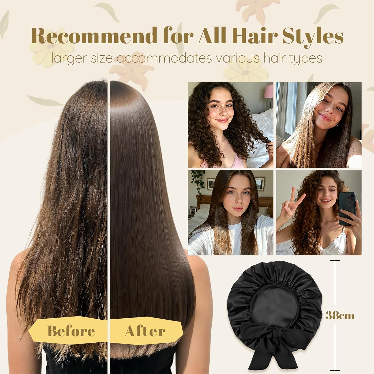 FOLAI Satin Hair Cap for Women and Men, Curling Hair Cap, Bandwidth Elastic Band, Breathable Adjustable Sleep Cap, Satin Bonet for Sleeping, Pack of 1 (Black) image number 2