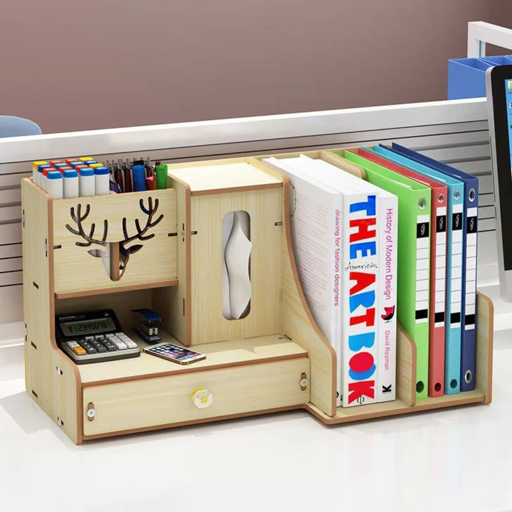 Hbluefat Desktop Organizer with Drawer, Wooden Desk File Document Organizer with Pen Holder and Tissue Box, Tabletop Stationery Storage Rack for Desk Accessories, File, Book, Office Supplies (Maple) image number 2