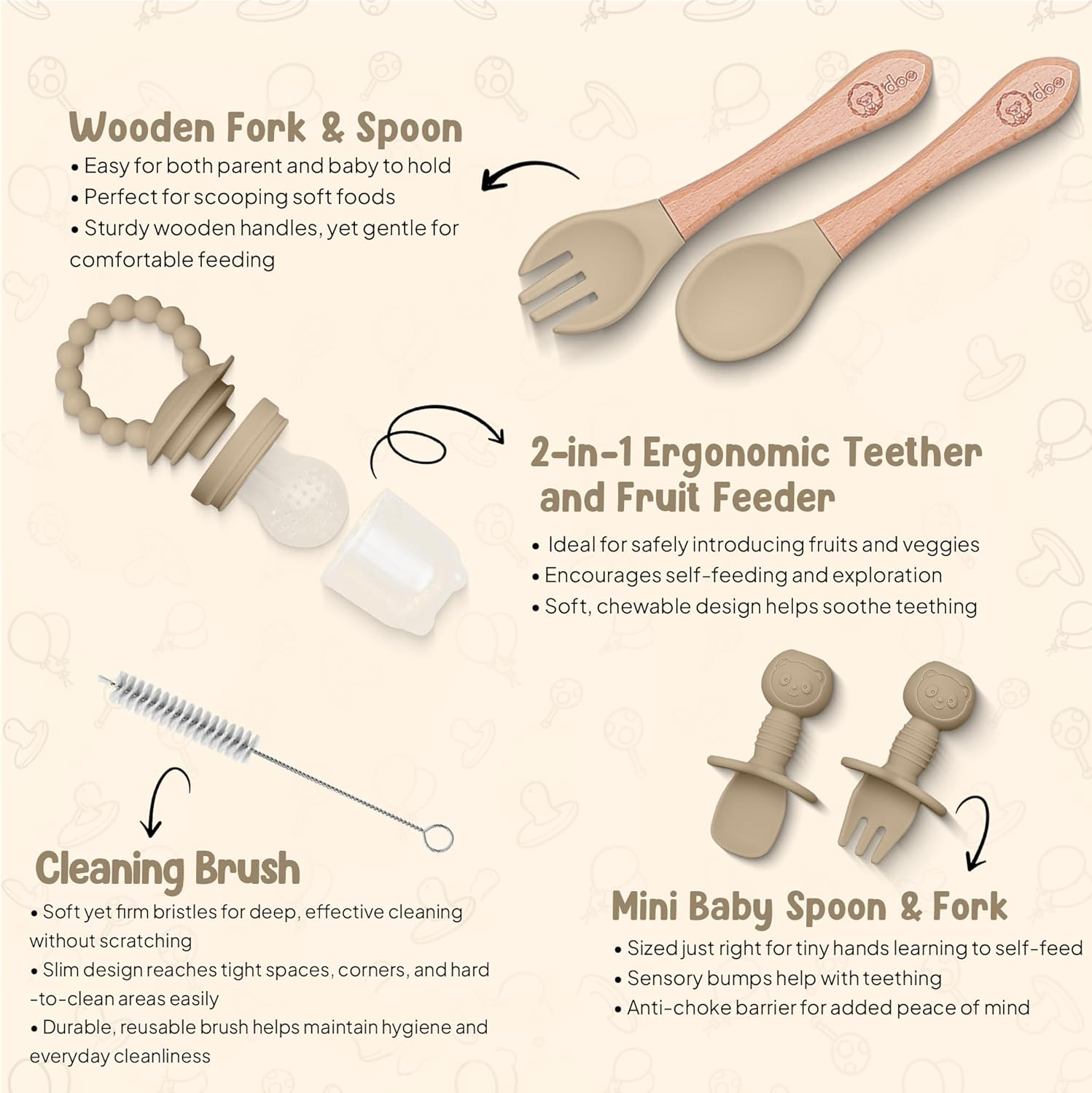 15 Pcs Silicone Baby Feeding Set with Suction Plate, Bowl, Bib, Sippy Cup, Fruit Feeder, Freezer Tray &ndash; Baby Plates and Bowls Set (Beige, V5: Nurture Pack [15 Pieces]) image number 2