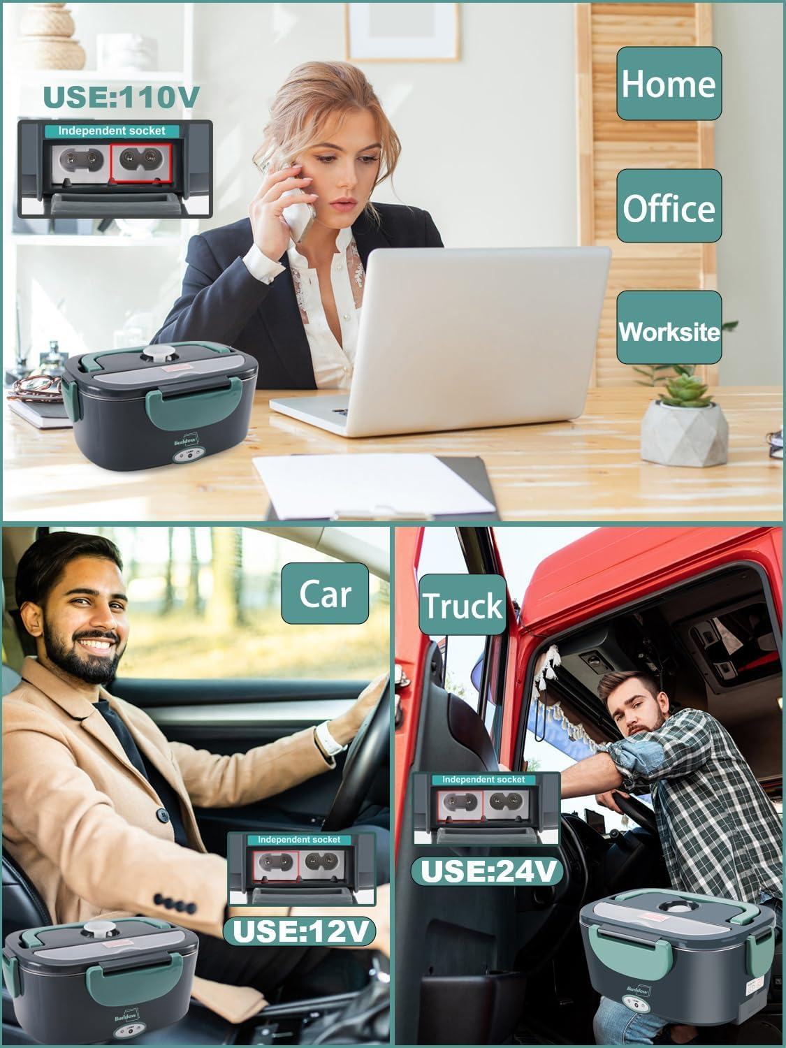 Electric Lunch Box 80W Food Heater for Adults, 240V Portable Lunch Warmer for Car/Truck/Office, Includes SS Fork & Spoon, Insulated Carry Bag (Green) image number 2