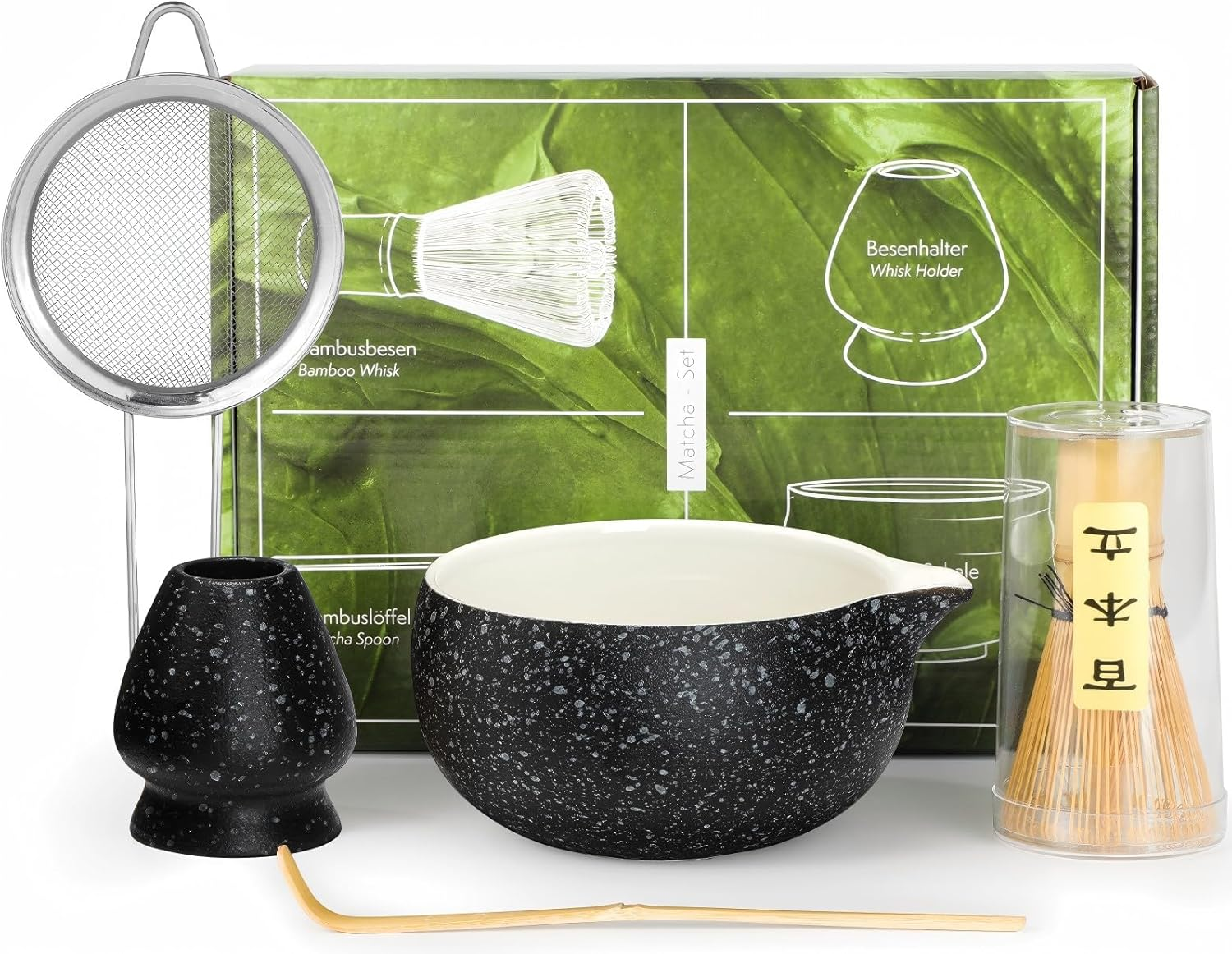 Matcha Whisk Set, 5 Pcs Matcha Tea Set for Ceremony, Match Bowl with Spout and Whisk, 15 OZ, Matcha Kit for Making Breakfast/Matcha Latte, Gift Perfect for Matcha Lover/Friend/Family - Spotted White