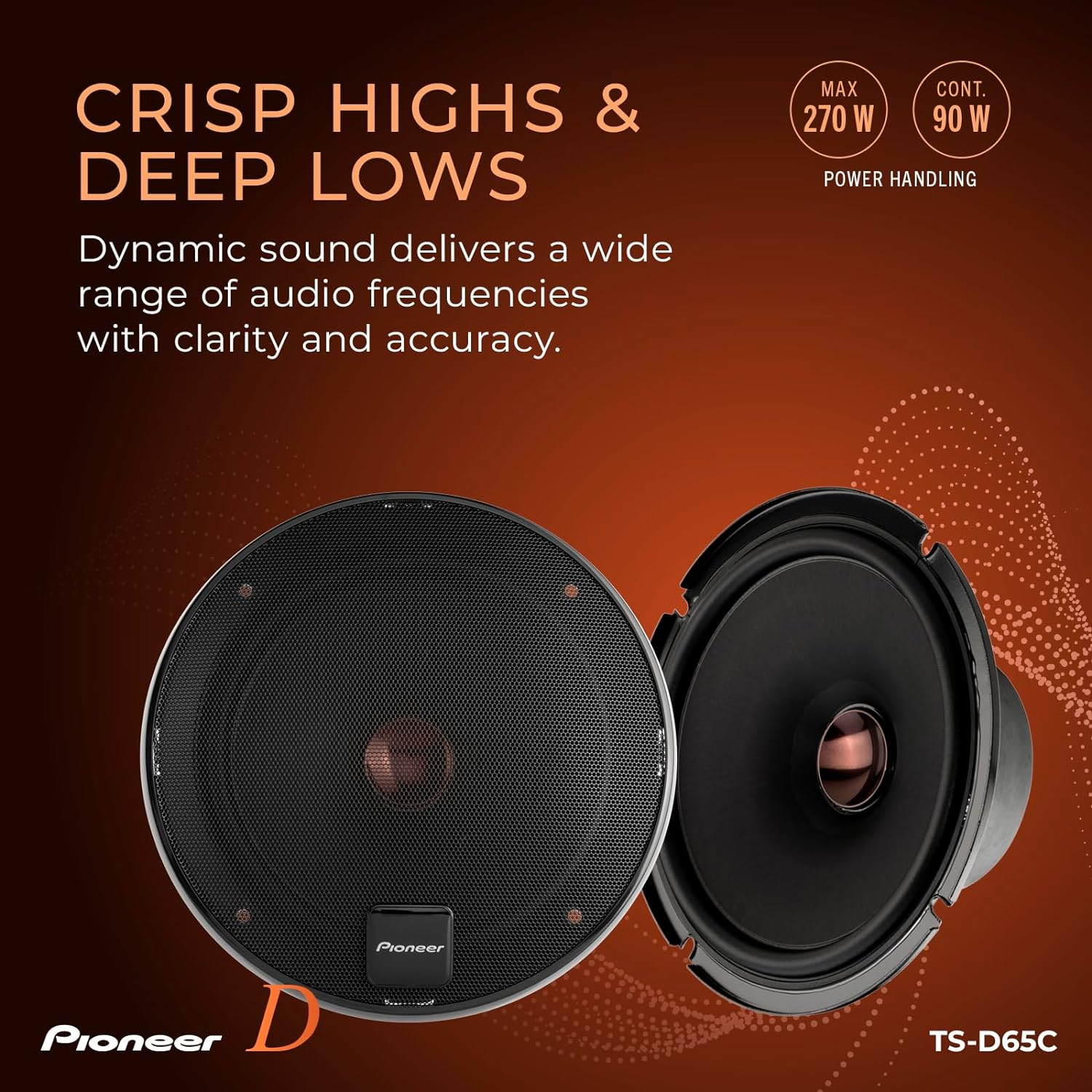 Pioneer D-Series TS-D65C 6.5&rdquo; 2-Way Speakers (Pair) &ndash; 270W Max, Crisp Highs + Clear Vocals, Ideal Factory Upgrade, Add an Amplifier for Even Better Performance