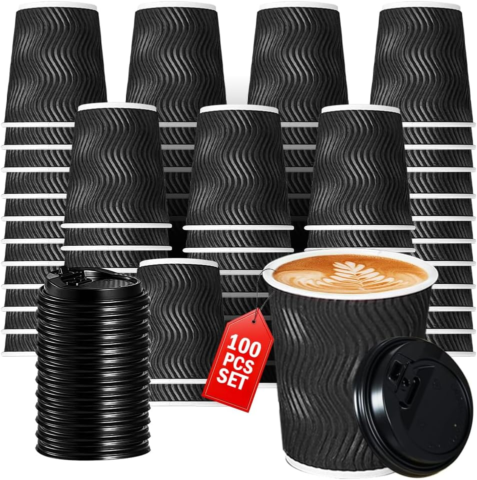 Vivva 12Oz 100 Pack Ripple Wall Paper Cups, Disposable Coffee Cups with Lids, to Go Paper Coffee Cups for Hot/Cold Beverages, Tea, Hot Chocolate, Juice. Ideal for Home, Restaurant, and Cafe (Blue)