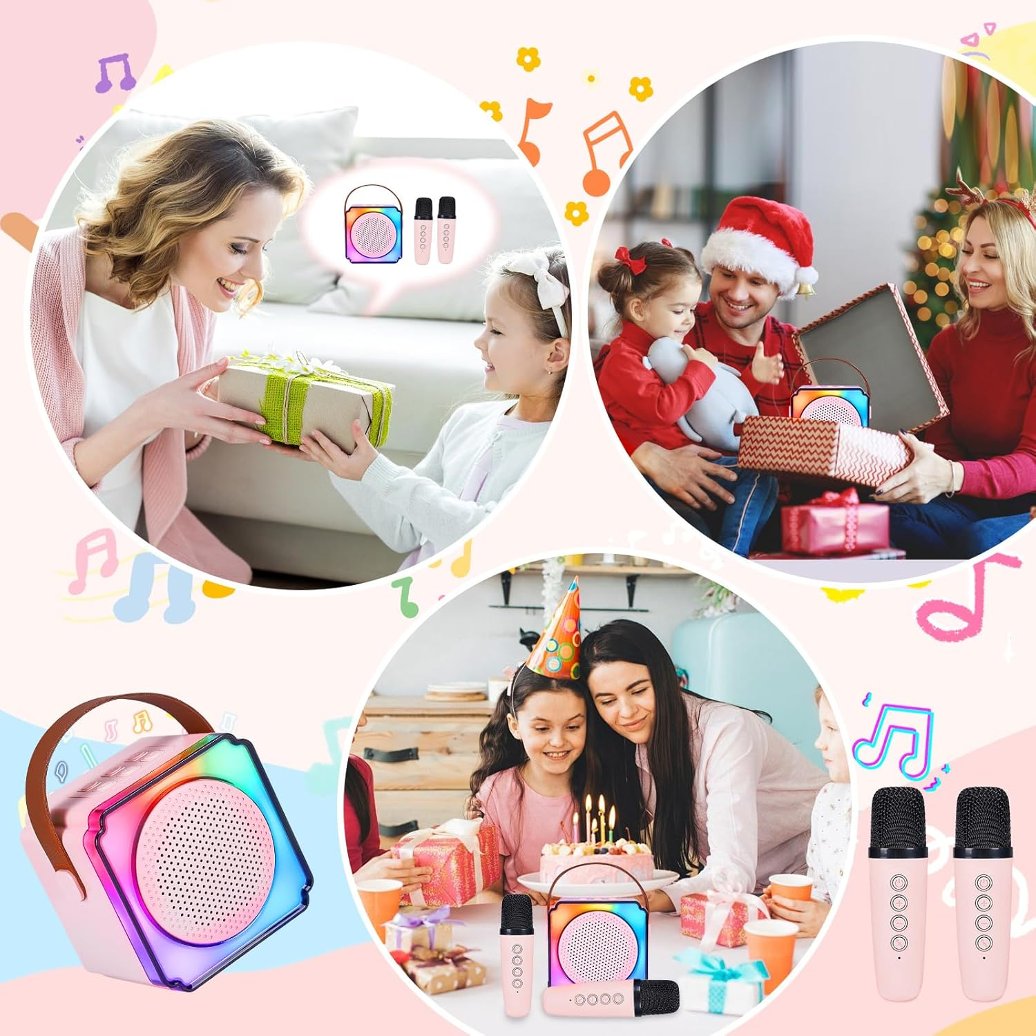 Portable Kids Karaoke Machine with 2 Wireless Microphone, Karaoke Microphone Machine Toy, Mini Bluetooth Speaker Gift with Colorful Lights for Teen Girls Boys Family Home Party Pink image number 2