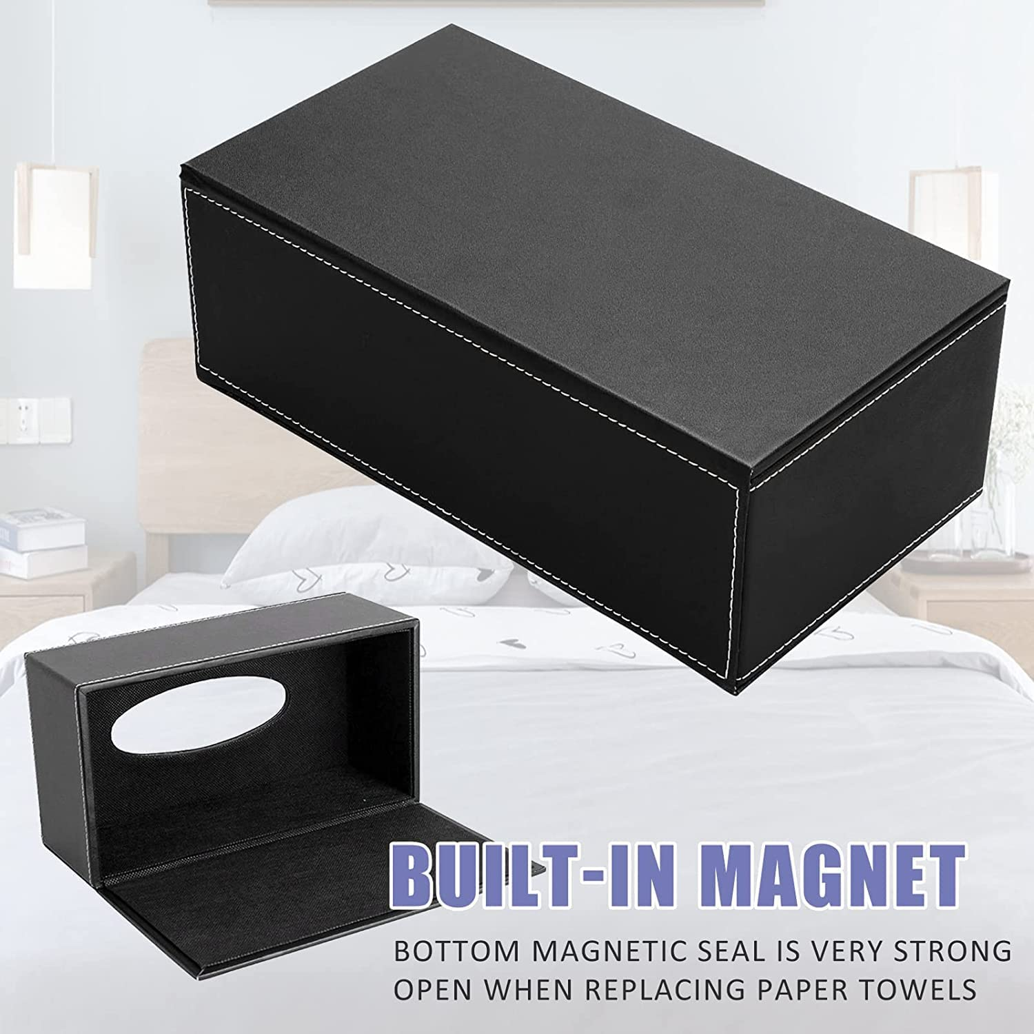 Uandhome Leather Tissue Box, Black Rectangle Tissue Paper Holder Box Cover Napkin Organizer Holder Home Kitchen Storage Room Office Car Decoration image number 5