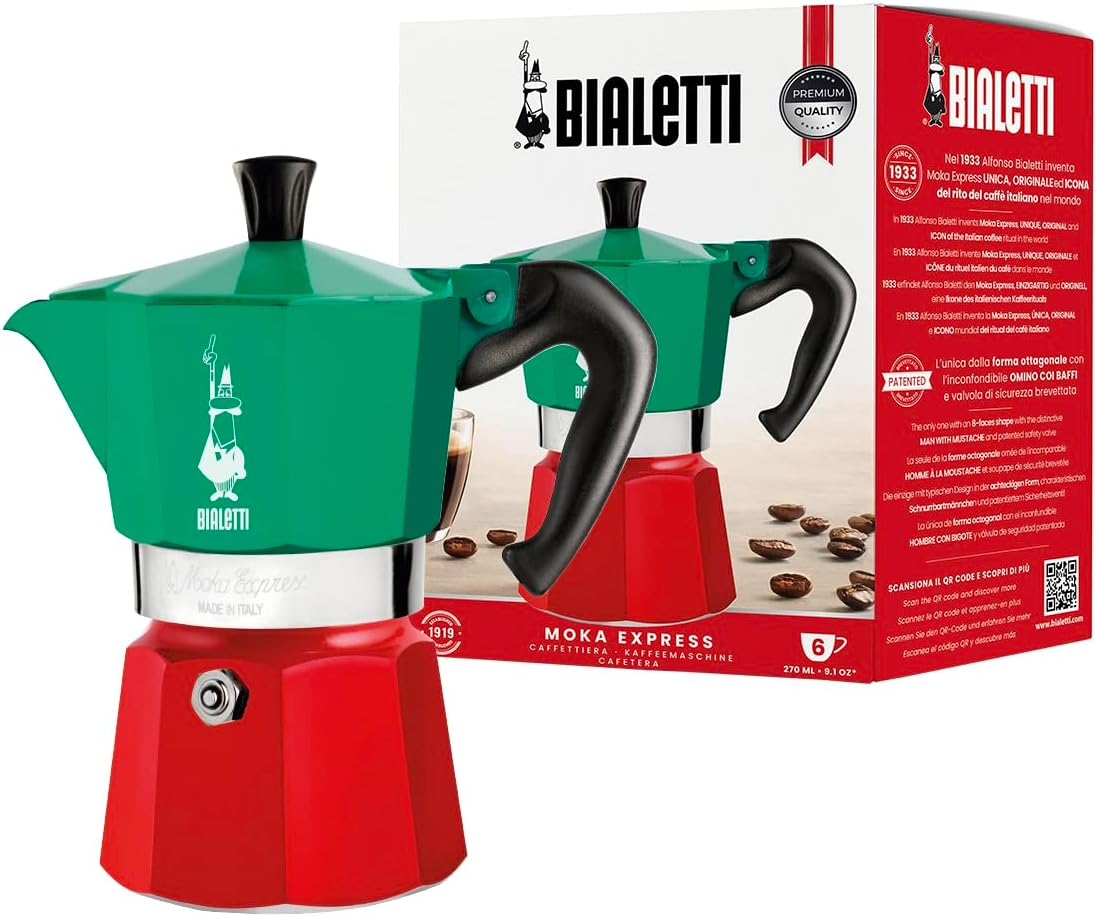 Bialetti - Moka Express Italia Collection: Iconic Stovetop Espresso Maker, Makes Real Italian Coffee, Moka Pot 6 Cups (9 Oz - 270 Ml), Aluminium, Colored in Red Green Silver image number 5
