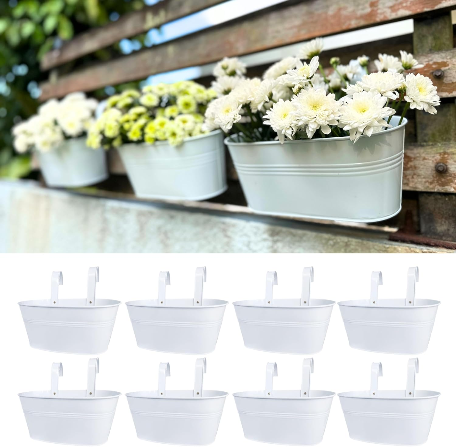 Lalagreen Rail Planter Outdoor Plants (8 Pack, 11.8 Inch) White Metal Iron Hanging Flower Pots Deck Railings Fence Buckets Modern Countryside Boho Style Wall Mount Window Box Holder Hooks Porch Decor