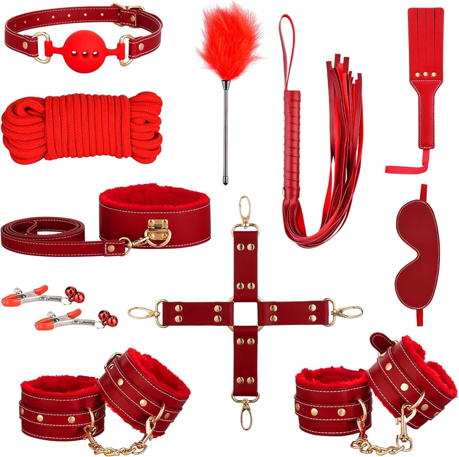LONZYON Sex Bondage Restraints Kit, 11 PCS Bondage Set Couples Sex Toys with Adjustable Ankle, Thigh Sex Cuffs & Handcuffs, Thick Leather Material BDSM Toys Restraints Sex Things for Couples Kinky (Red)